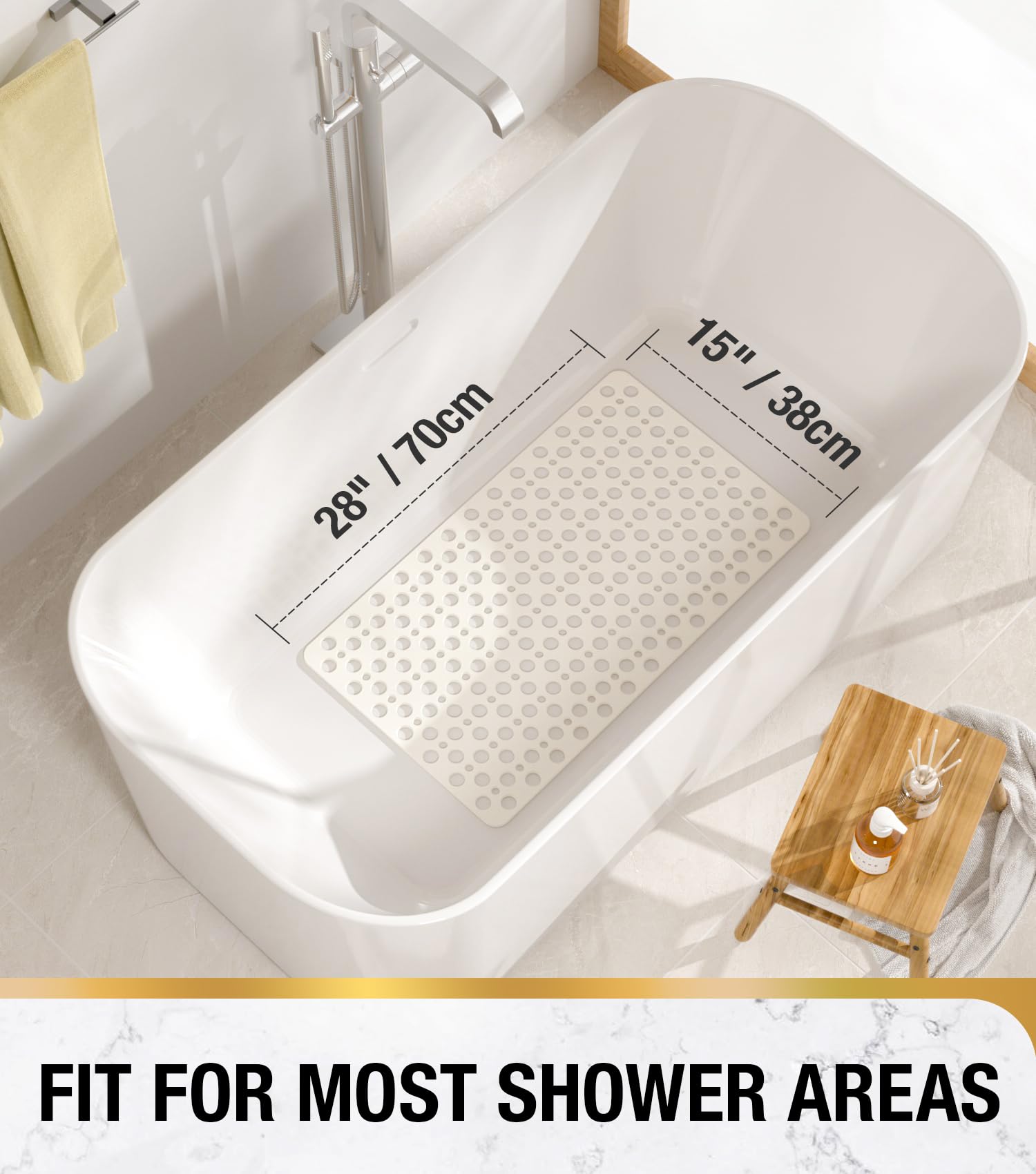 HITSLAM Tapis de Baignoire Antidérapant, 70 x 38 cm Tapis de Douche sans BPA, Résistant aux Moisissures & Lavable en Machine Tapis de Bain Antidérapant, Drainage Efficace et Facile à Nettoyer, Blanc