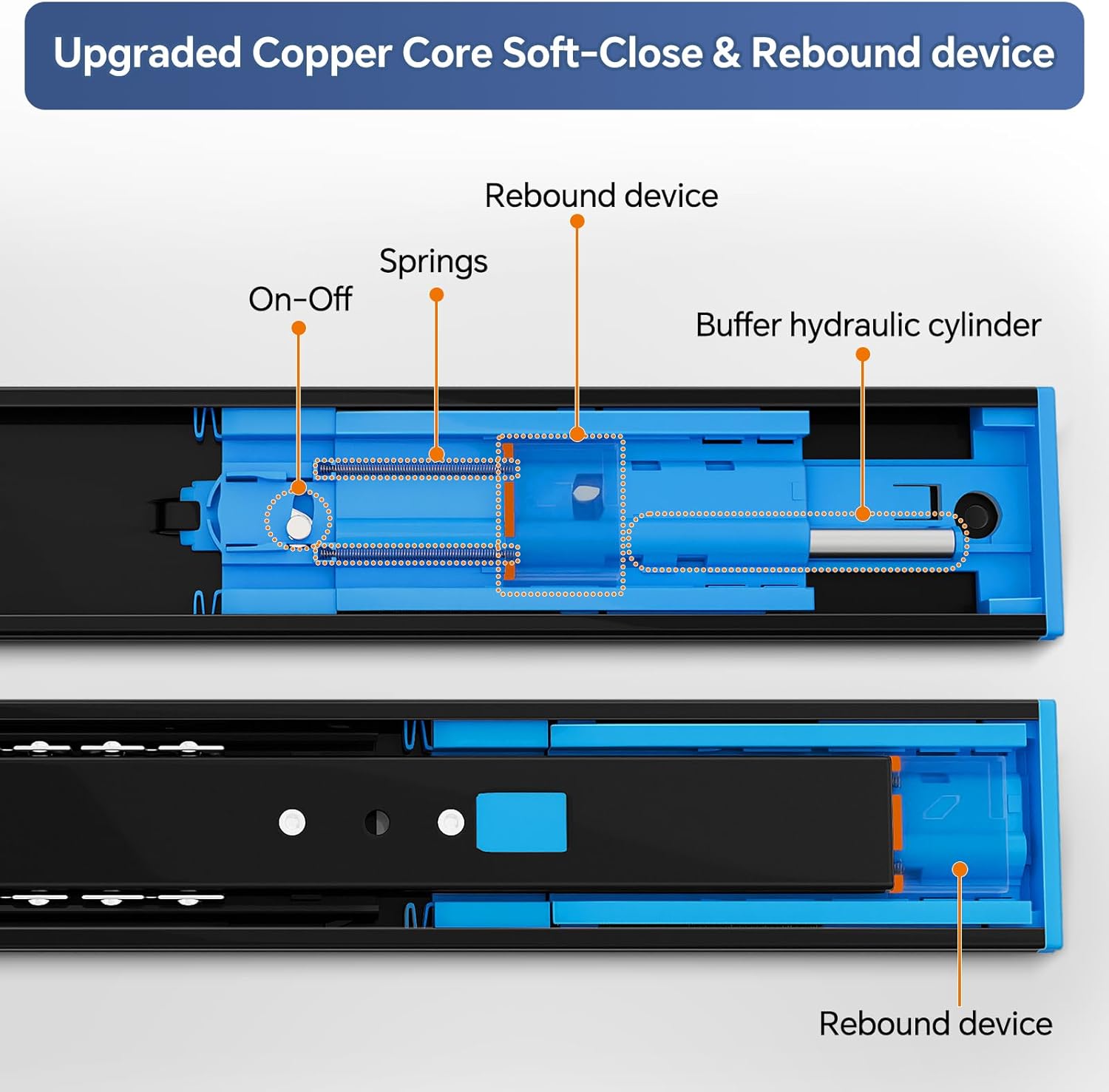 ToBeGreat Push to Open Soft Close Drawer Slides 22 Inch Side Mount Dresser Runner Black,2/3 Full Extension Ball Bearing 100 LB Kitchen Nightstand Glides Rails 1 Pair