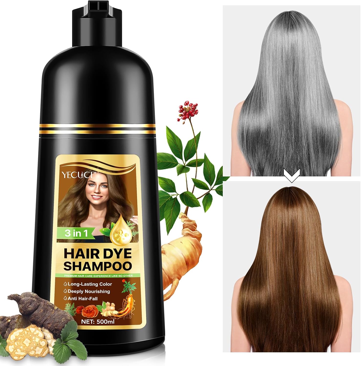 3-in-1 haarverfshampoo voor mannen en vrouwen, 500 ml, zwart en donkerbruin, natuurlijke plantaardige ingrediënten, grijze haarafdekking, ongeparfumeerd