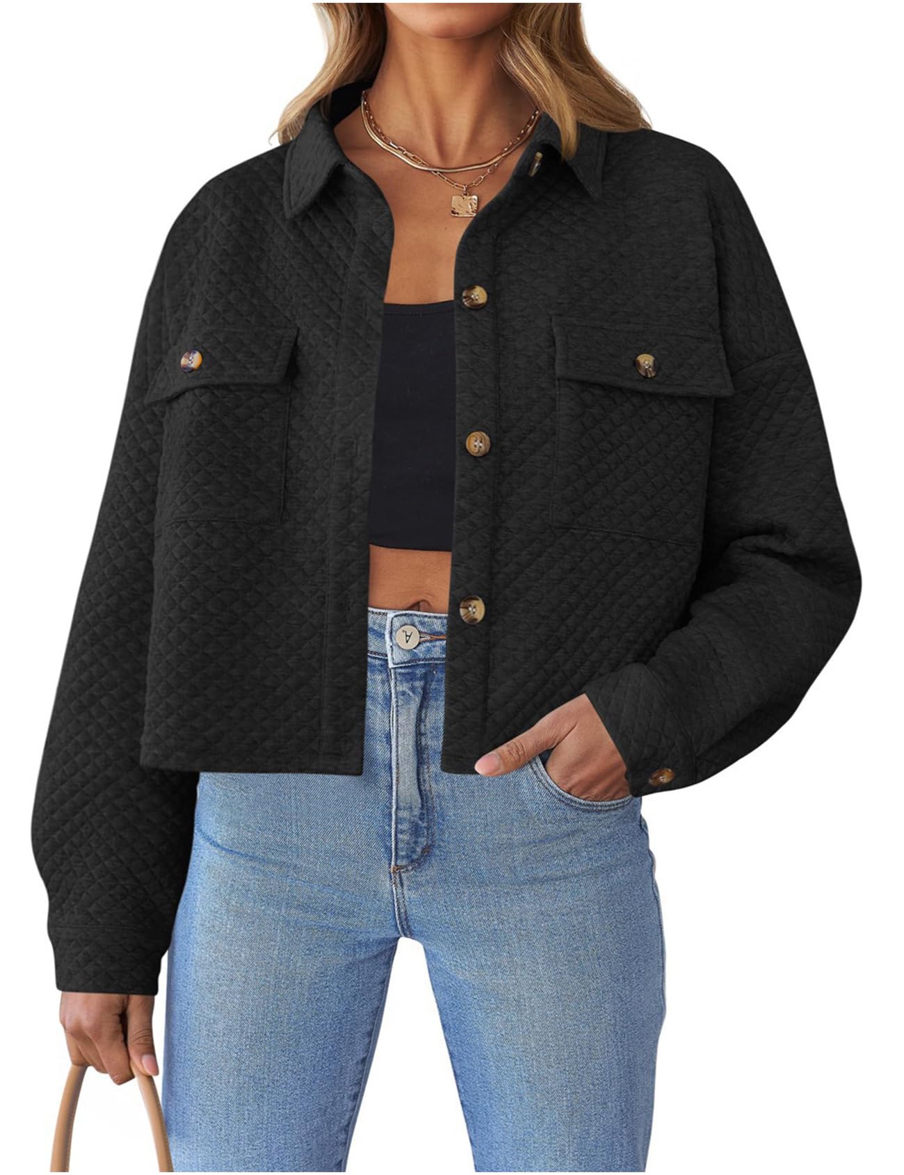 Wyeysyt Women's Cropped Shacket Jackets Casual Long Sleeve Button Down Short Shirt Jacket Coat Winter Fall Outerwear