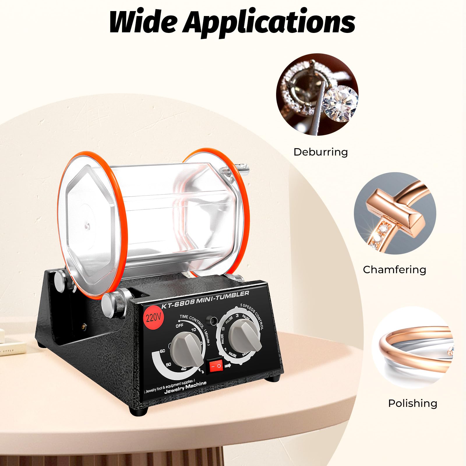 Máquina pulidora de joyas, pulidora de mesa de 60 W con 5 velocidades y temporizador, motor CC de hasta 3000 rpm, tambor visible, ideal para desbarbado, pulido de oro/plata/monedas