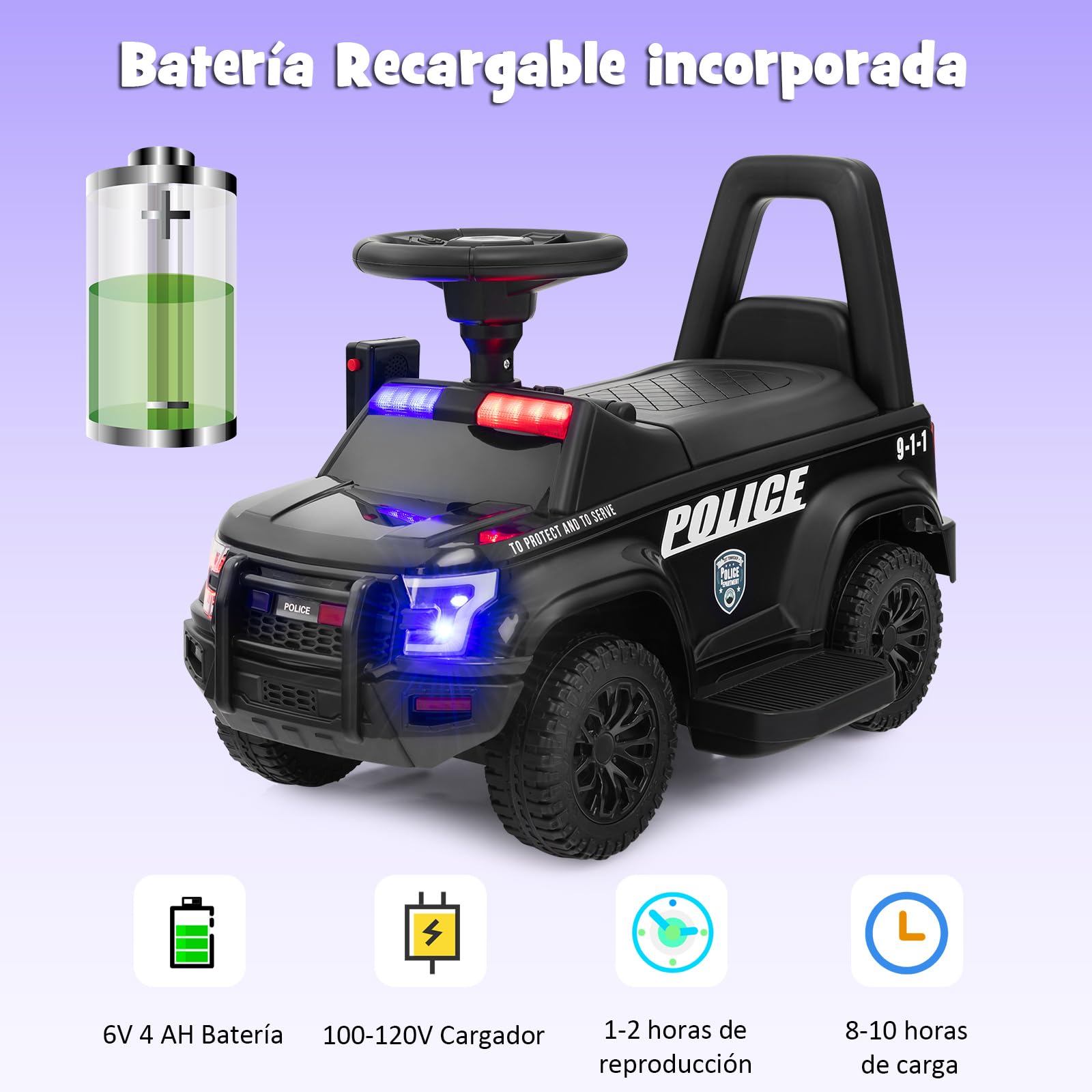 COSTWAY 6V Coche Electrico de Policía para Niños, Coche Batería para Niños con Megáfono Lateral, Bocina, Luz de Alarma y Sonido de Sirena, Reposapiés Ancho, Vehículo para 18-60 Meses (Negro)