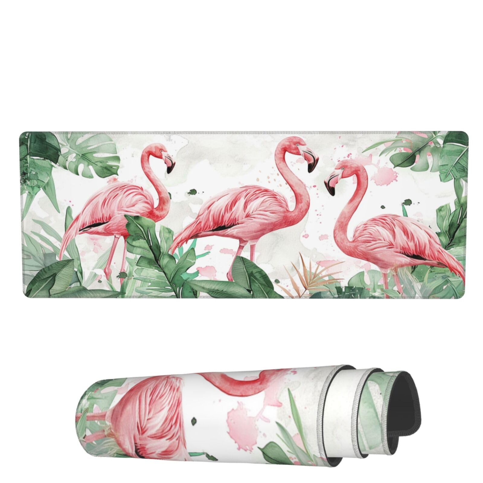 Famame Laptop Mouse Pad Tropical Leaves Plants Flamingos Desk Mat with Stitched Edges 31.5X 11.8 inch Non-Slip Large Keyboard Rubber Writing Table Mat
