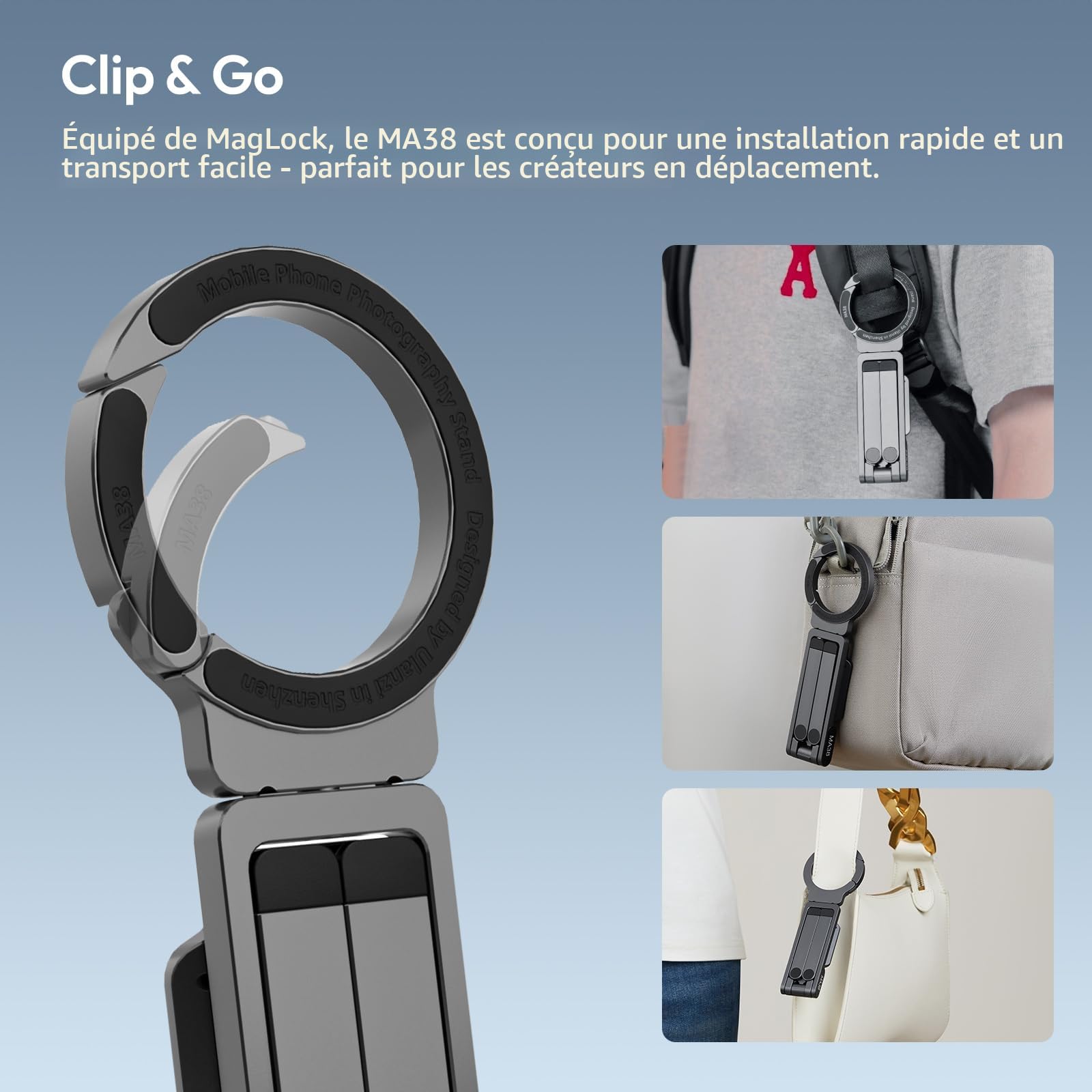 ULANZI MA38 Trépied Magnétique pour Téléphone Portable, Maglock Mousqueton Fixation Rapide, Aluminium Support Pliable, Mini Perche à Selfie Portable Compatible avec iPhone 17 16 15 14 13 12 Magsafe