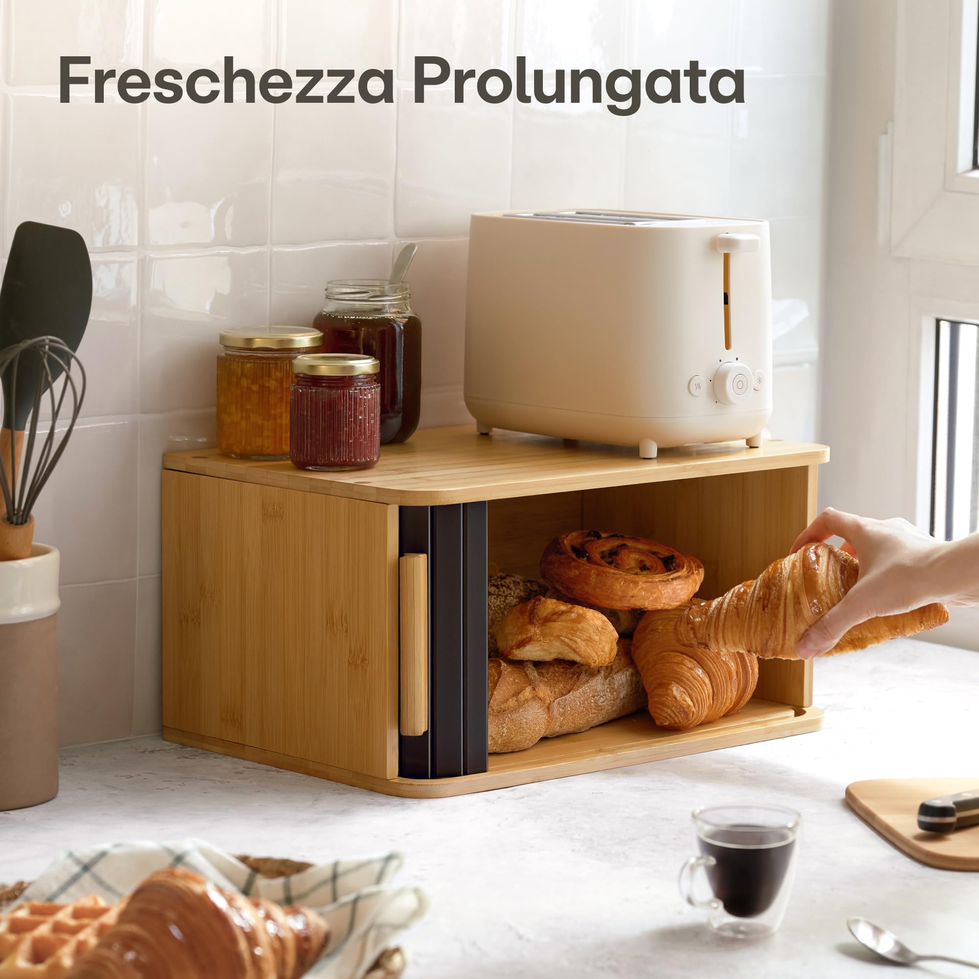 Praknu Portapane Moderno in Legno FSC® Grande con Porta Scorrevole - Cassetta Portapane da Cucina 40 x 28 cm - Salva spazio - per Mantenere Il Pane Croccante - Nero