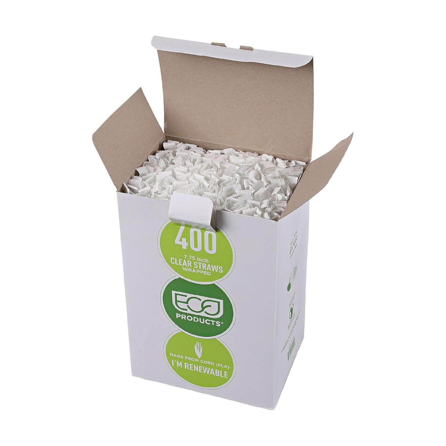 Eco-Products Compostable Paper Wrapped Plastic Straws, 7.75" Long, 5mm Diameter, Box of 400, Clear Disposable Plant Based PLA Plastic, Standard Sized Drinking Straws, ASTM Compliant, BPI-Certified