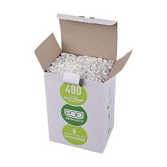 Eco-Products Compostable Paper Wrapped Plastic Straws, 7.75" Long, 5mm Diameter, Box of 400, Clear Disposable Plant Based PLA Plastic, Standard Sized Drinking Straws, ASTM Compliant, BPI-Certified
