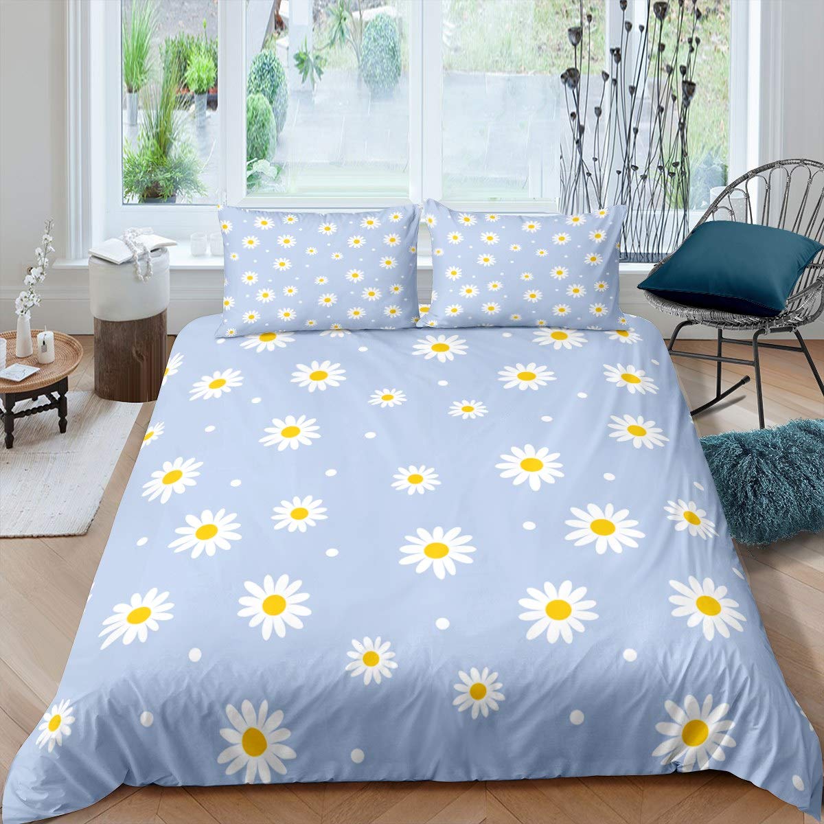 Loussiesd Giry Bettwäsche Set Gänseblümchen Bettbezug Set 155x220cm Für Kinder Kinder Mädchen Botanisch Blumen Bedruckte Betten Set Blüten Blumen Tupfen Natur Blau 2 Stck