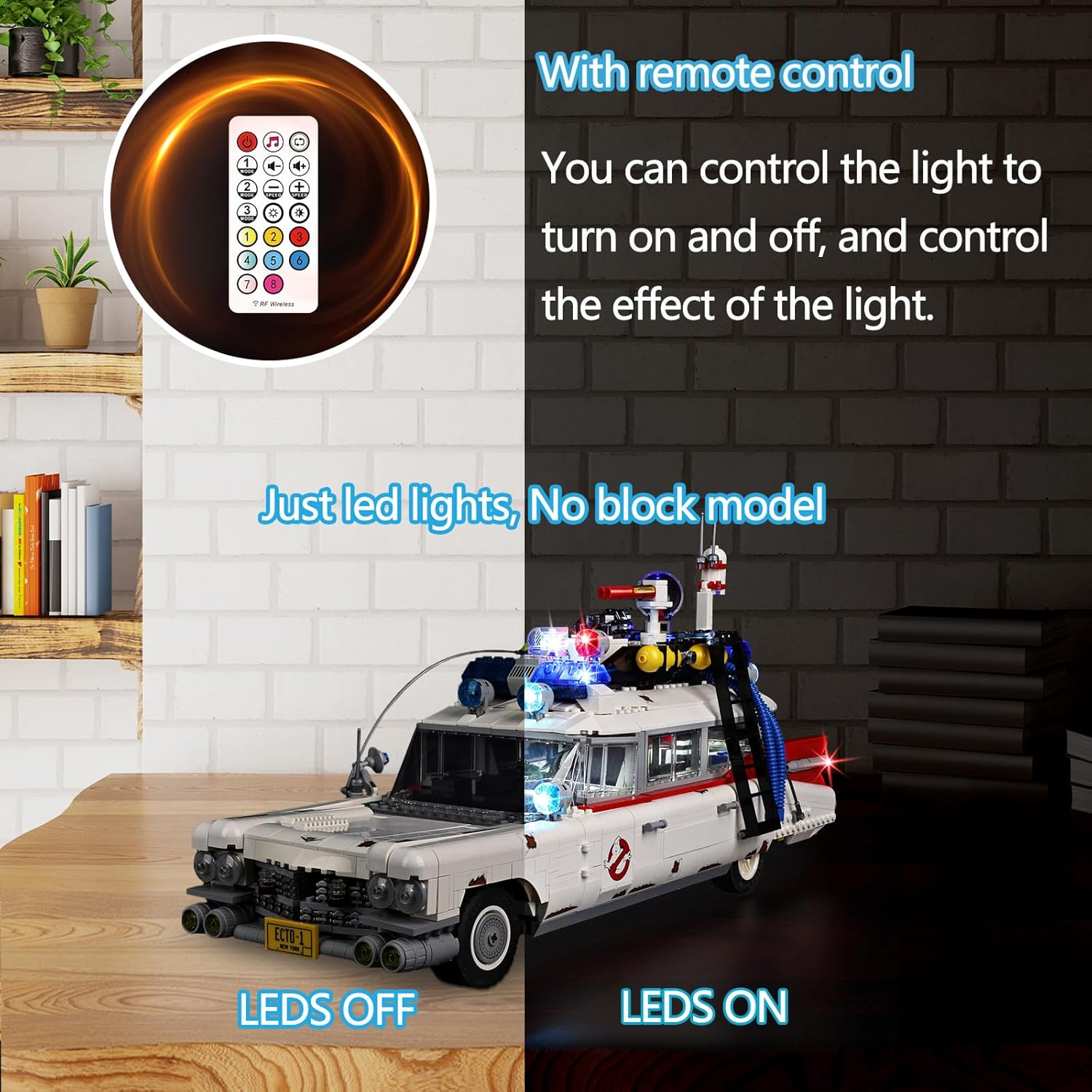 BrickSoul LED light kit remote control and the Lego ECTO-1 model with lights off and on.