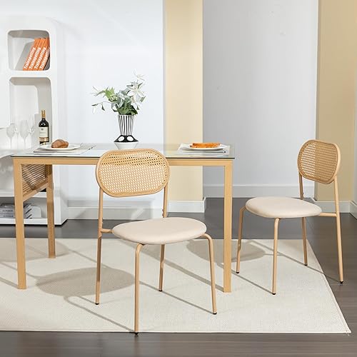 Miniatura 8 de COSVALVE Juego de 4 sillas de comedor bohemias, sillas de comedor tapizadas de caña con respaldo de ratán, patas de metal, para cena, sala de estar,