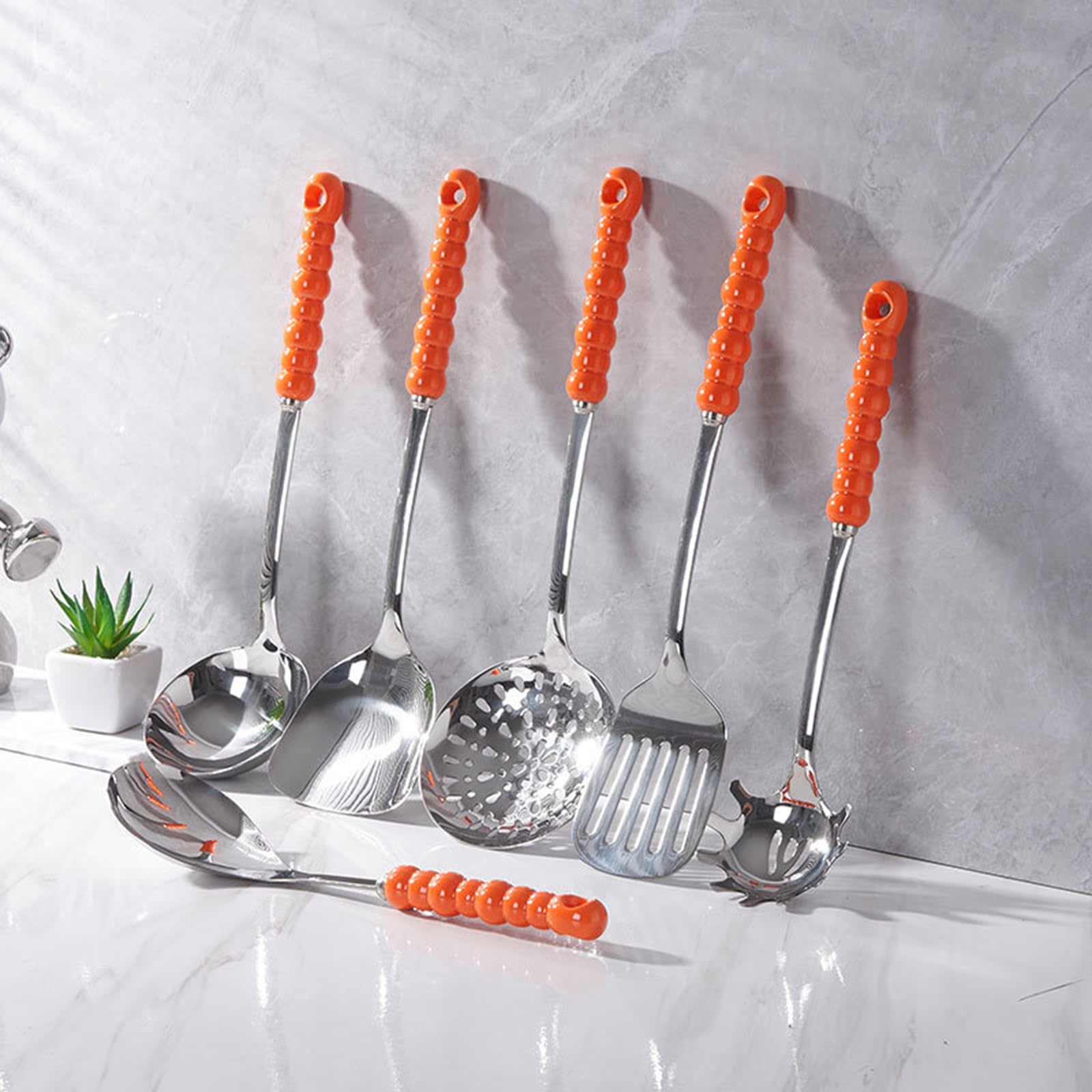 Juego De Utensilios De Cocina De 7 Piezas con Estante Colgante, Juego De Utensilios De Cocina De Acero Inoxidable con Mango De Cerámica, Incluye Cuchara Ranurada, Espátula Ranurada