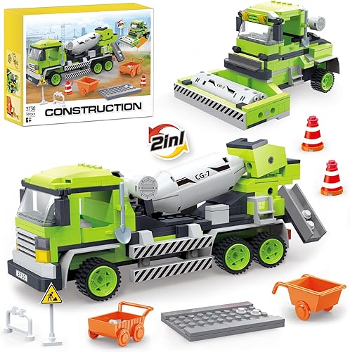 COGO MAN Juego de construcción 2 en 1 de camiones de construcción  Rodillo de tambor único de carretera o camiones mezcladores de cemento, juguete