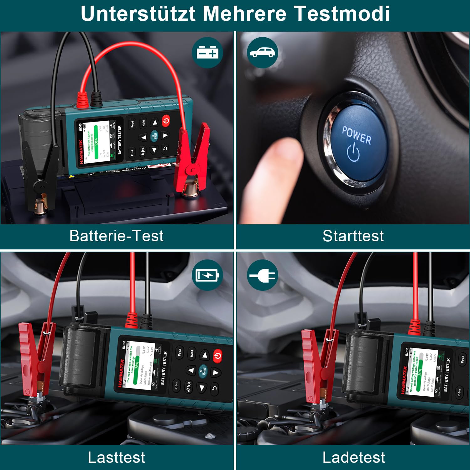 HANMATEK BD60 24V/12V Autobatterie Tester, 100–2000 CCA Lasttester, Kfz-Lichtmaschinentester, Digitaler Autobatterieanalysator, Lade- und Kurbelsystemtester für Auto, LKW, Marine, Motorrad, SUV, Boot | 100–2000 CCA, Test von Lichtmaschine, Lade- und Kurbe