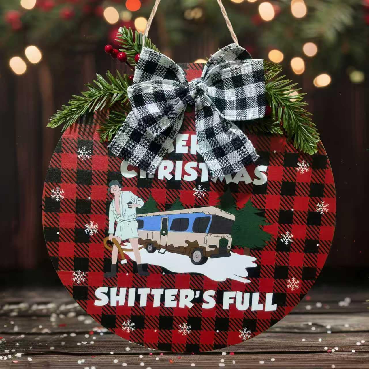 national lampoon's holiday decor wooden wreath, christmas vacation wooden hanging sign door decoration wreath for home indoor outdoor decoration (b)