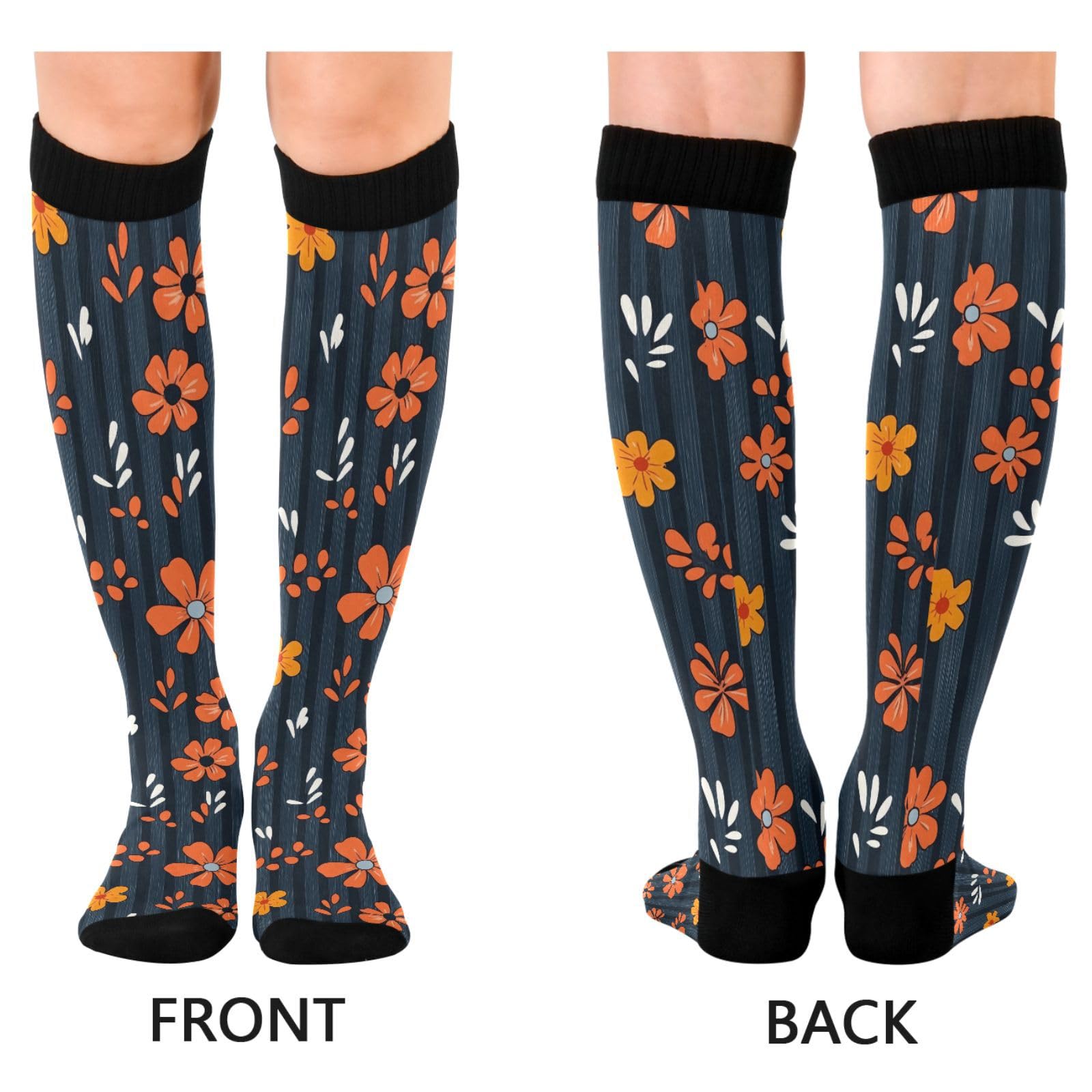 Wassud Orange Flowers Compression Socks for Women and Men 20-30 mmHg Knee High Socks for Nurses Travel 1 Pair