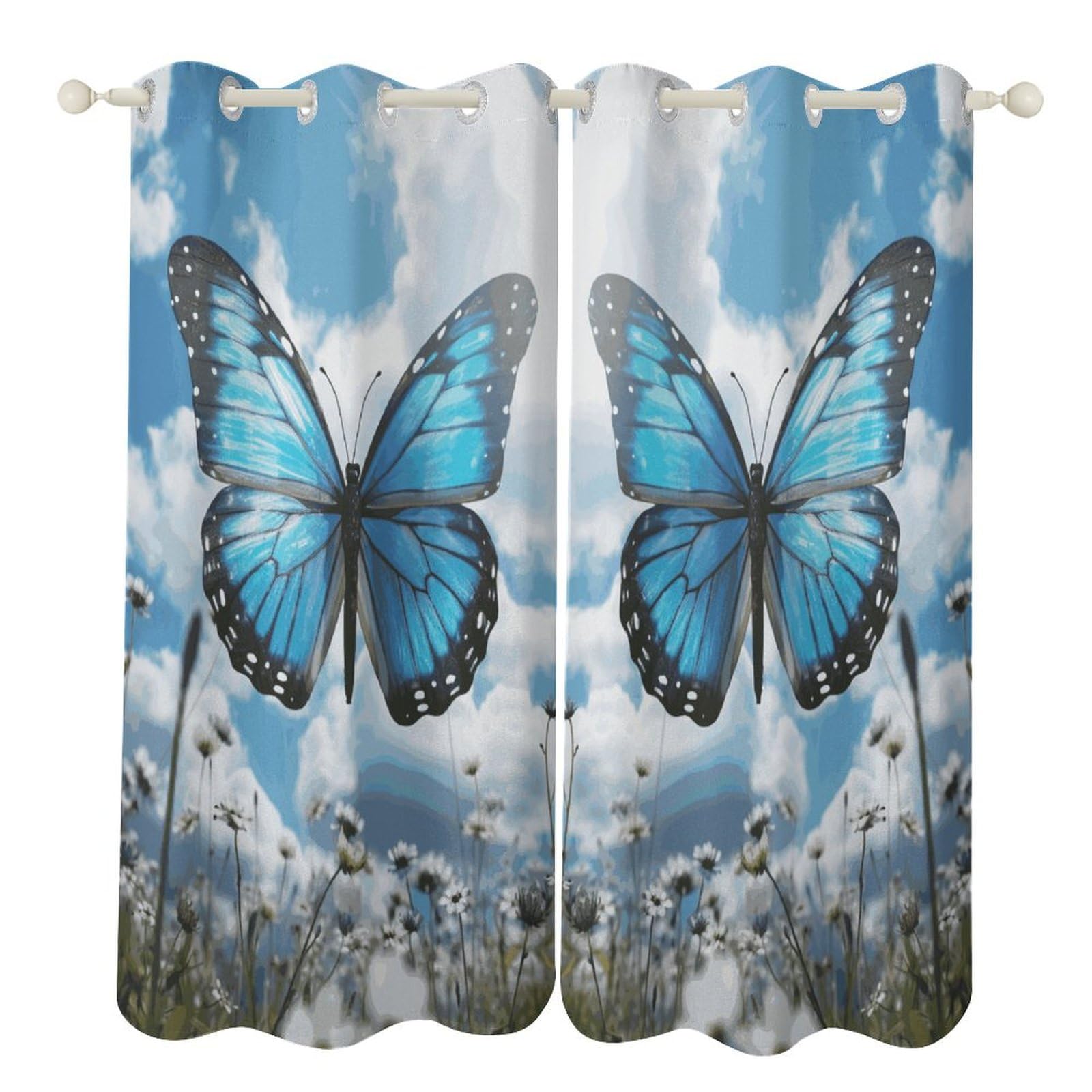 Rideaux occultants papillon bleu et nuages avec œillets pour chambre
