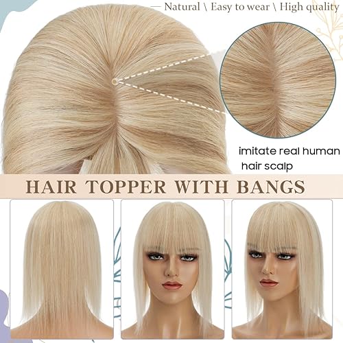 Miniatura 4 de S-noilite Toppers para el cabello para mujer con flequillo, balayage, 130% de densidad, base de seda, clip con fleco, 1.41 oz, 12 pulgadas, #18613