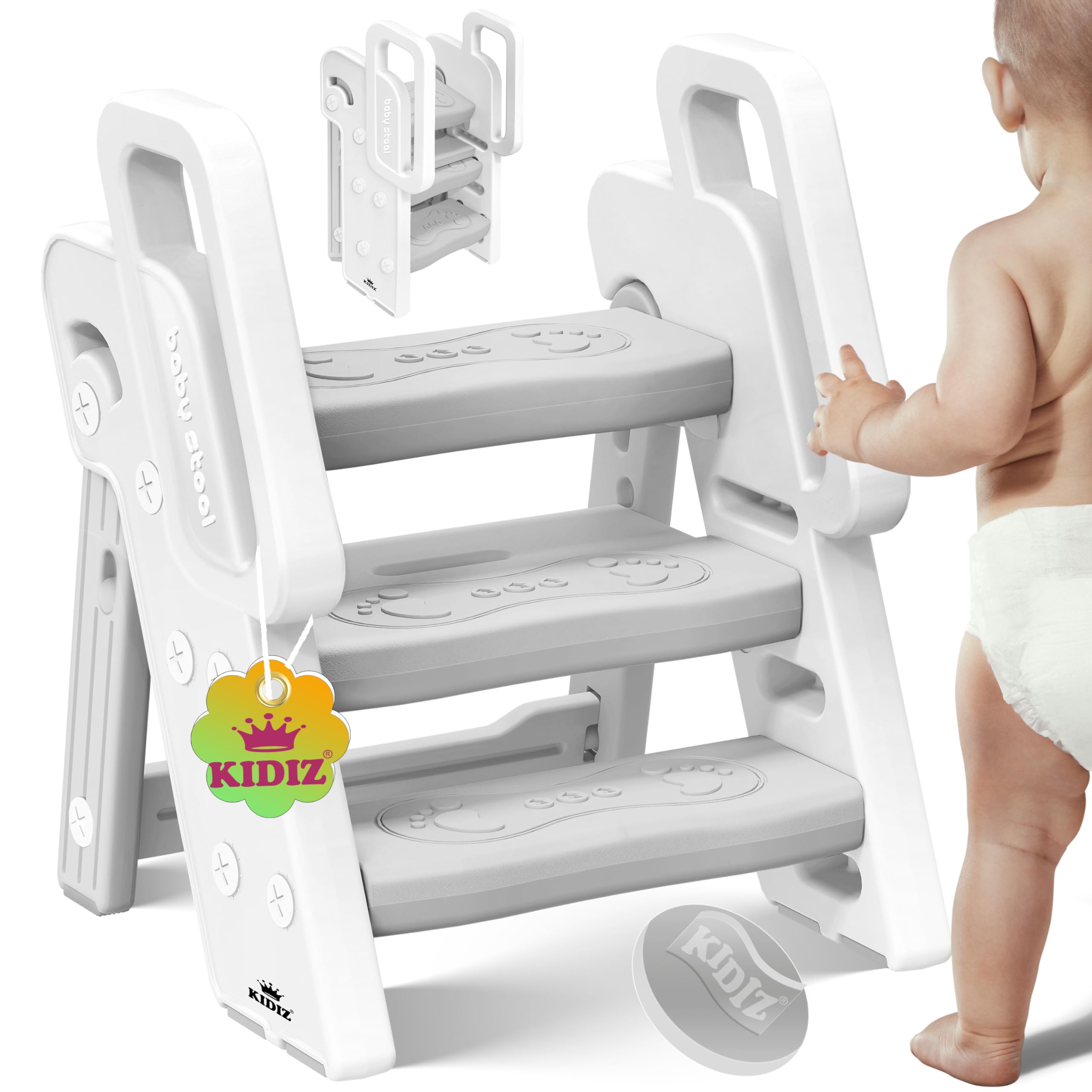 KIDIZ® Tritthocker für Kinder Trittleiter Klappbar mit 3 Stufen | Faltbarer Lern-Turm ab 18 Monaten bis 6 Jahren | Robust | Sicherer & Stabiler Trittschemel | Höhenverstellbar rutschfest Hellgrau