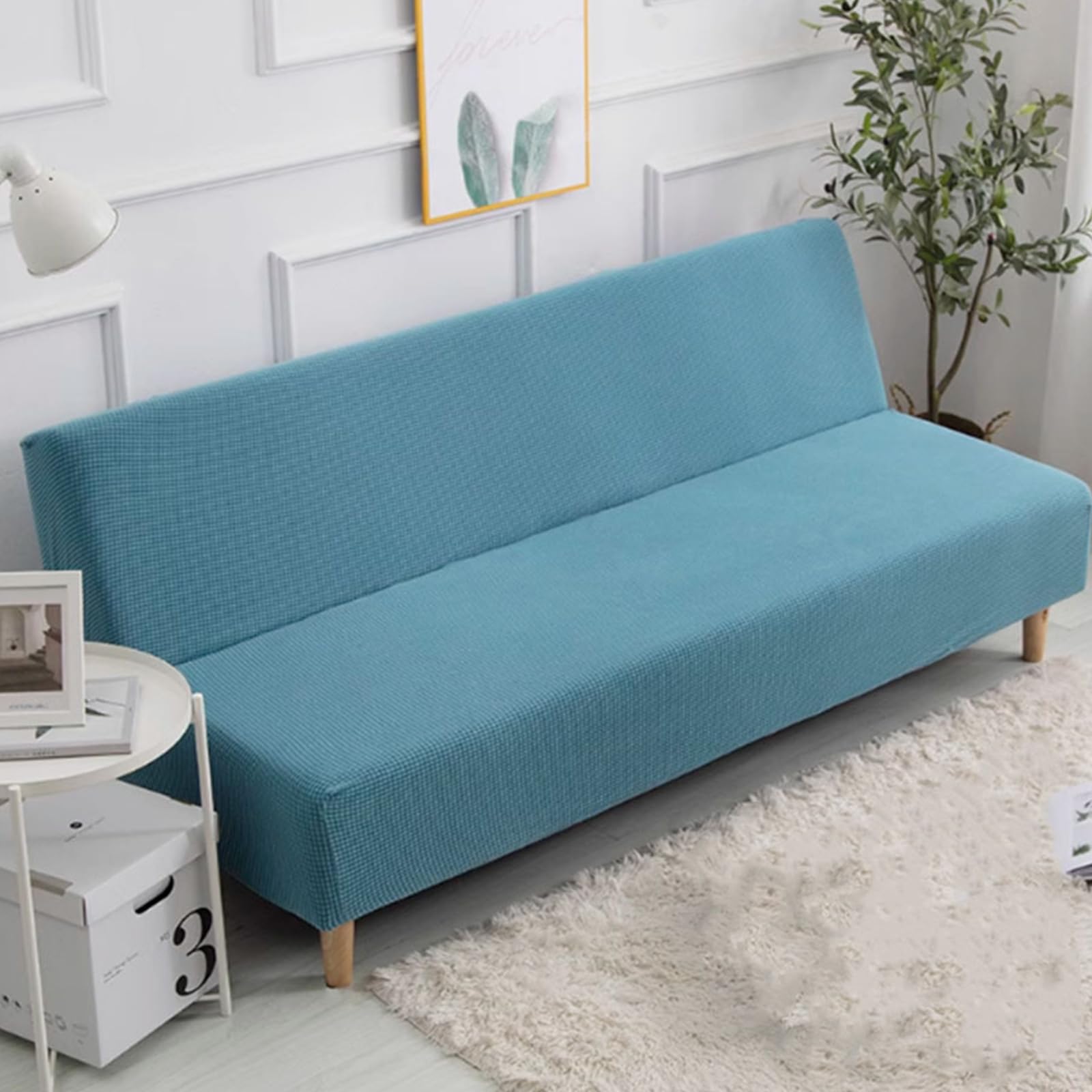 Funda de sofá elástica universal impermeable de 3 plazas, diseño sin reposabrazos, protección antimanchas, duradera y elegante, color azul, ideal para decoración del hogar