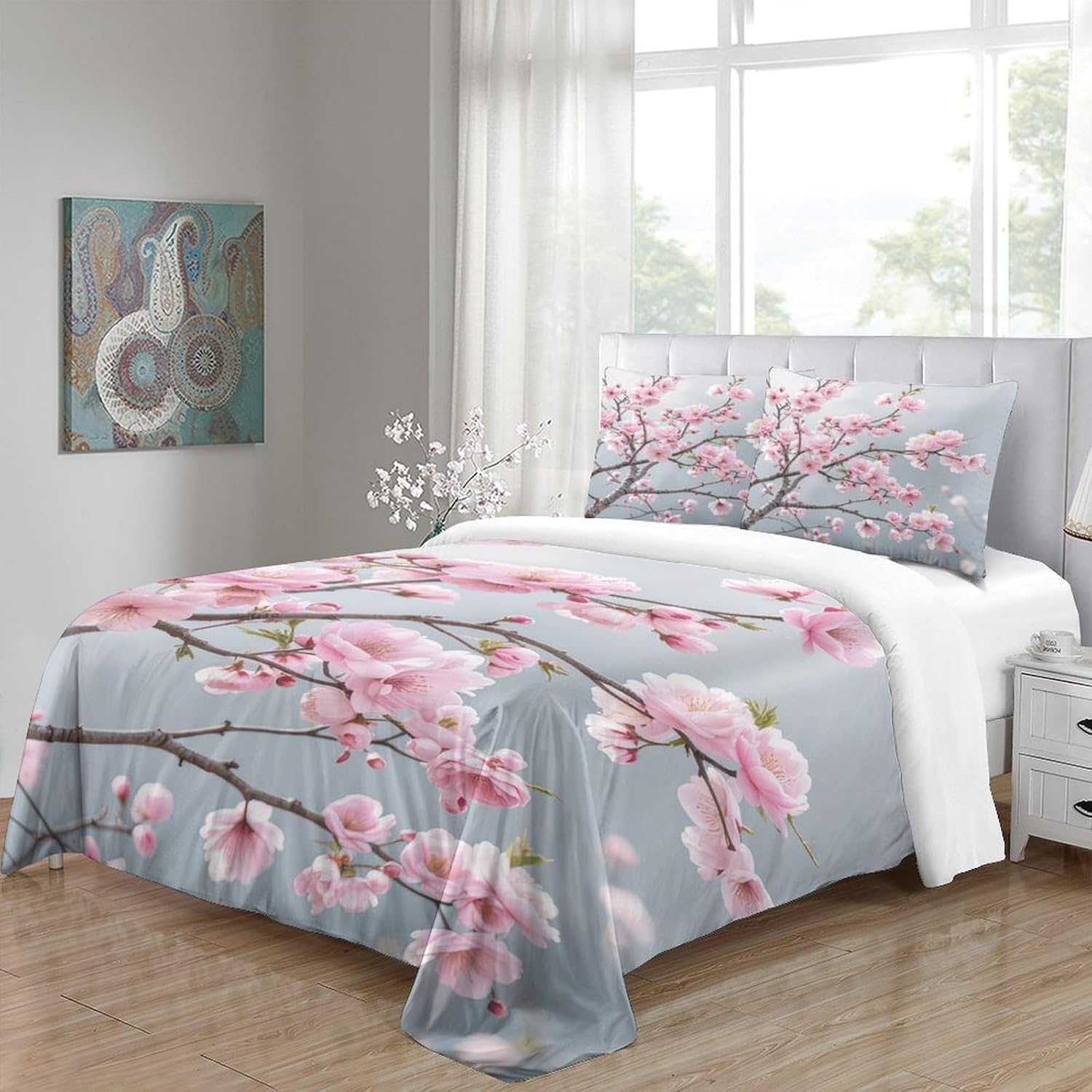 Funda Nordica Cama 135/150 Rama de Flor de Cerezo 3D Ropa de Cama Microfibra Suave Estilo Japonés Funda de edredón 220x240 cm con Cremallera y 2 Funda de Almohada 50x75 para Cama Doble L.5499