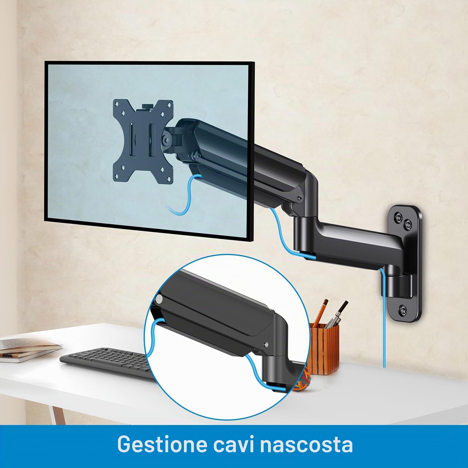 HUANUO Supporto da parete per schermo PC, braccio schermo PC, braccio per monitor da 17-32 pollici, supporto monitor da 8 kg, ergonomico regolabili, VESA 75 mm, 100 mm
