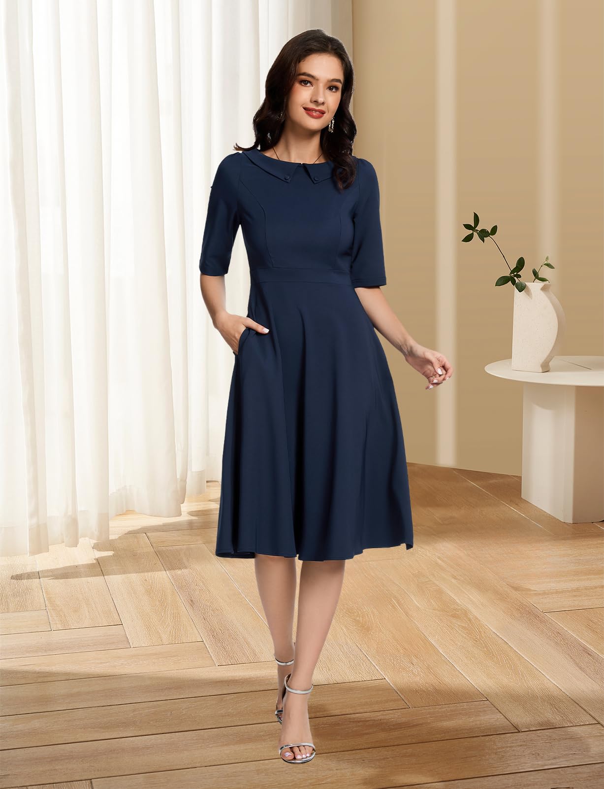 Bbonlinedress Robe Femme Chic Elegant Vintage pour Soirée Cocktail Déguisement Mariage Robe Hiver Mi Longue Col avec Bouton Manches 1/2
