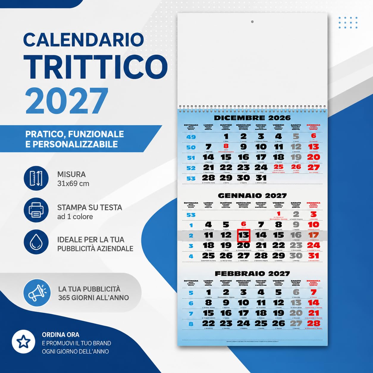Calendari Personalizzati 2027 in Stock da 50 Pezzi Olandese Trittico Maxi 31x69 cm per Gadget Pubblicitari di Fine Anno e come Omaggio per i Clienti o Regali Aziendali | PA508
