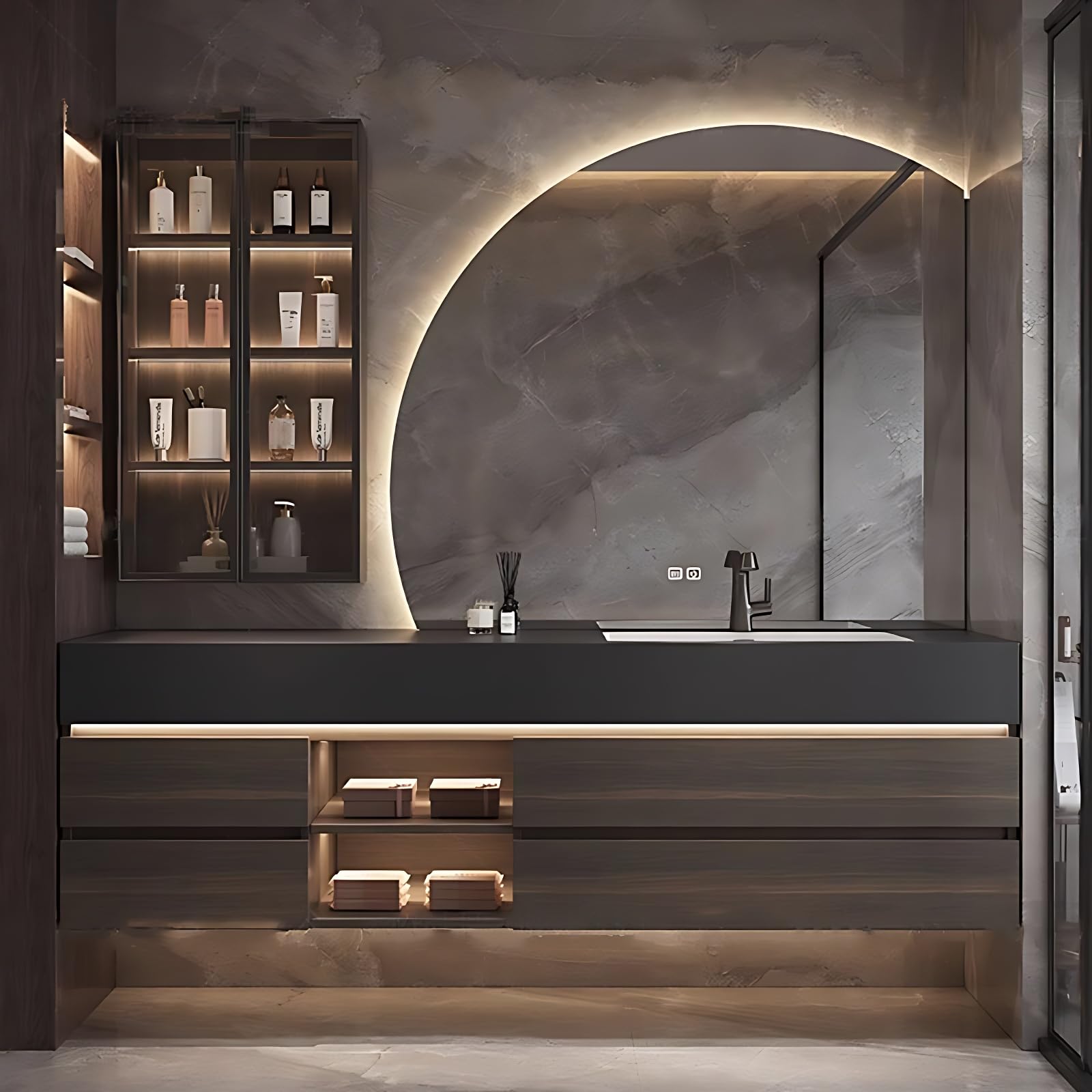 ZGNBSD Modern Bathroom Vanity - Floating Bathroom Sink Vanity Includes Smart LED Defogging Mirror, Solid Wood Bathroom Cabinet with Side Cabinet and 4