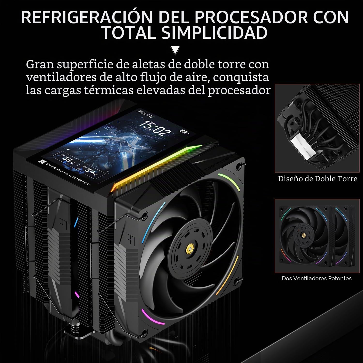 Thermalright Peerless Assassin 120 Vision MAX ARGB Black CPU Cooler, disipador de PC. Pantalla magnética de visualización de 5" con resolución 480x854, para AM4/AM5 e Intel LGA1700/1851