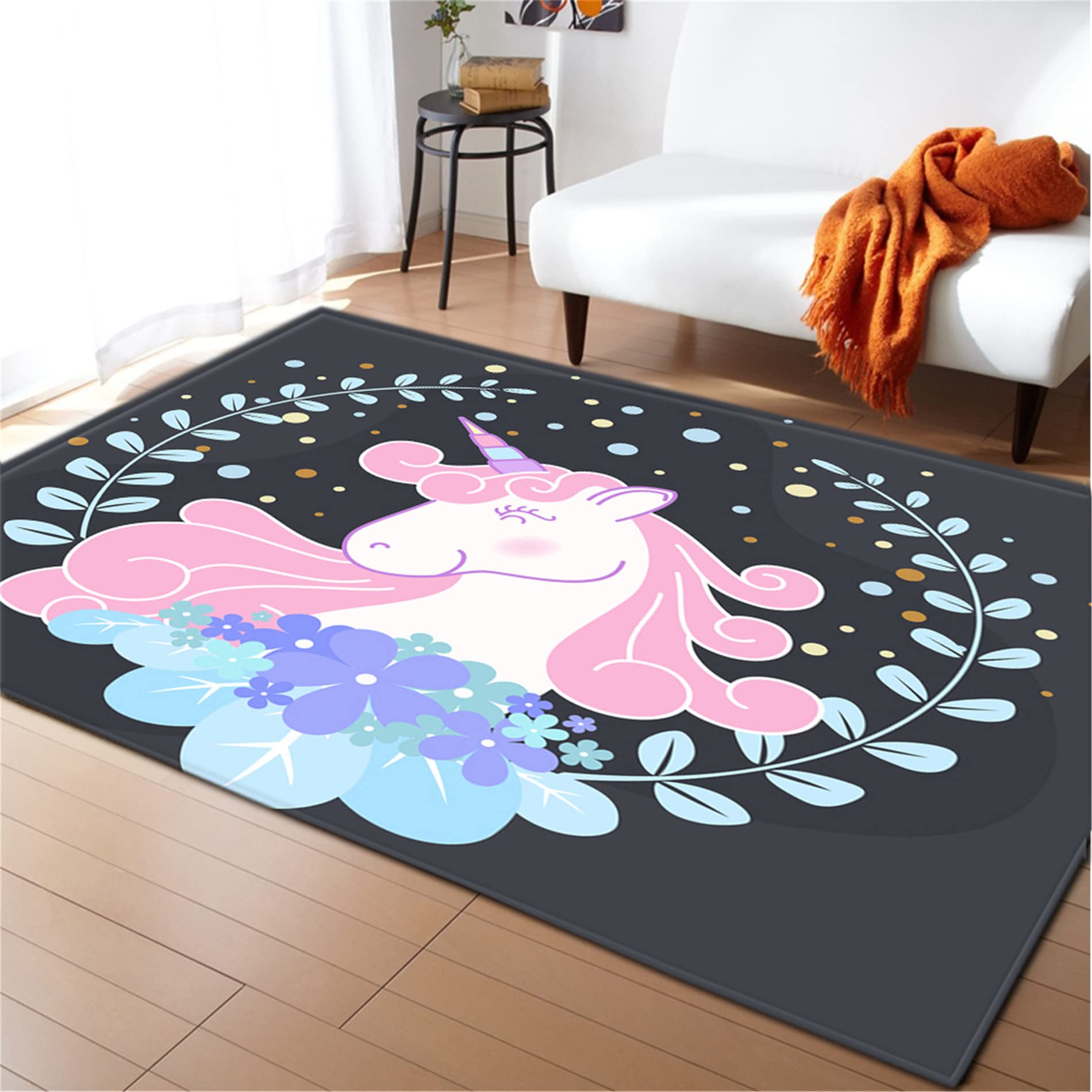 Dessin Animé Enfant Tapis 3D Licorne Cheval Fleurs Star Lune Chambre à Coucher Flanelle AntidéRapant Coussin en Mousse MéMoire Forme Fille Jardin d'enfants Rampant Tapis (Modèle 2,160x200 cm)