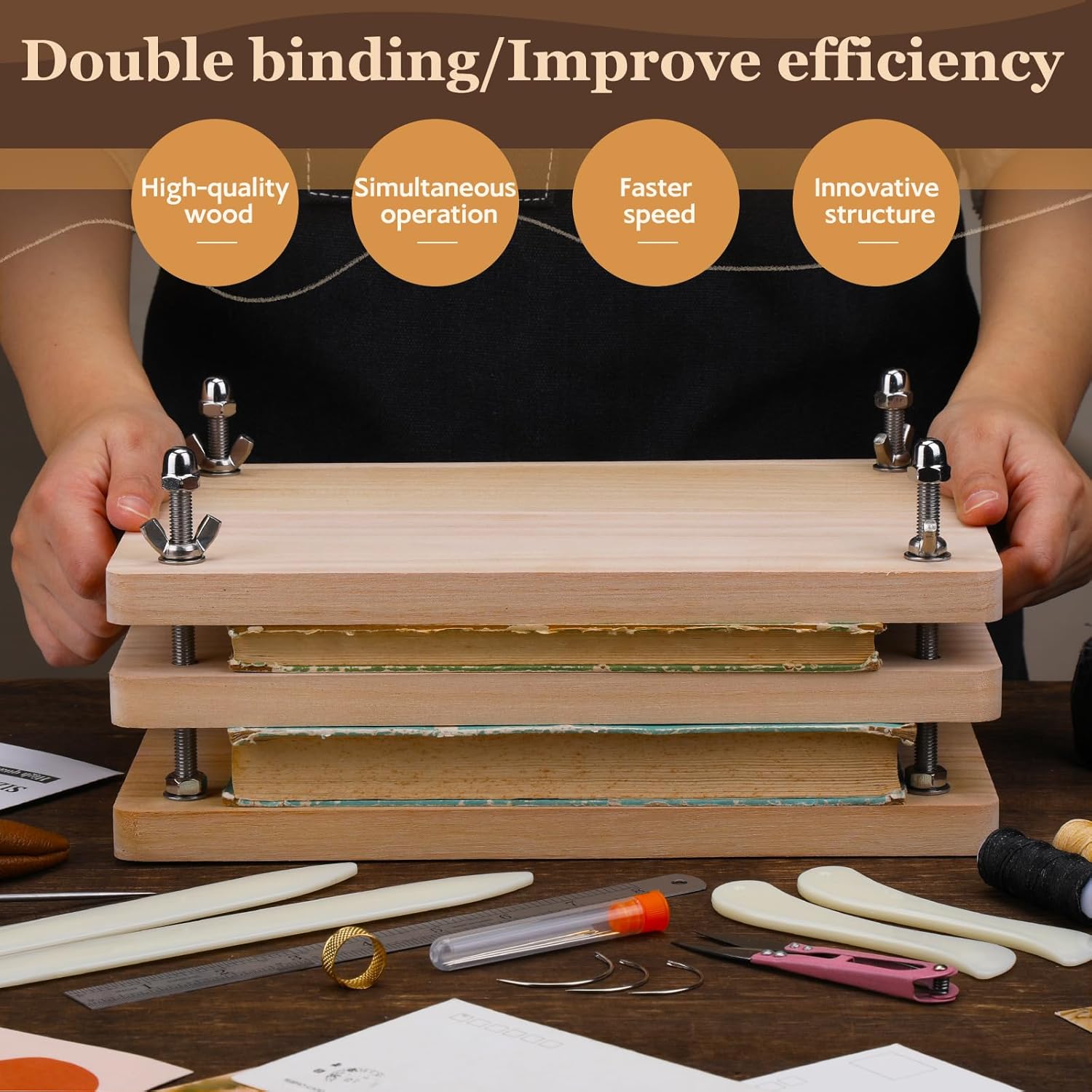 JUPEAN 34 Pcs Book Binding Kits, Book Press(11.81”x7.56”), Books Making Kit with Bone Folder Bookbinding Needles Waxed Threads Books Binding Awl, Bookbinding Tools for Beginners