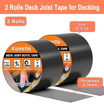 Joist Tape for Decking 4 x 50', 2 Pack Butyl Joist Tape Deck Joist Flashing Tape for Wood Beams Building Joists,Waterproof& Super Adhesion&Weather Resistance