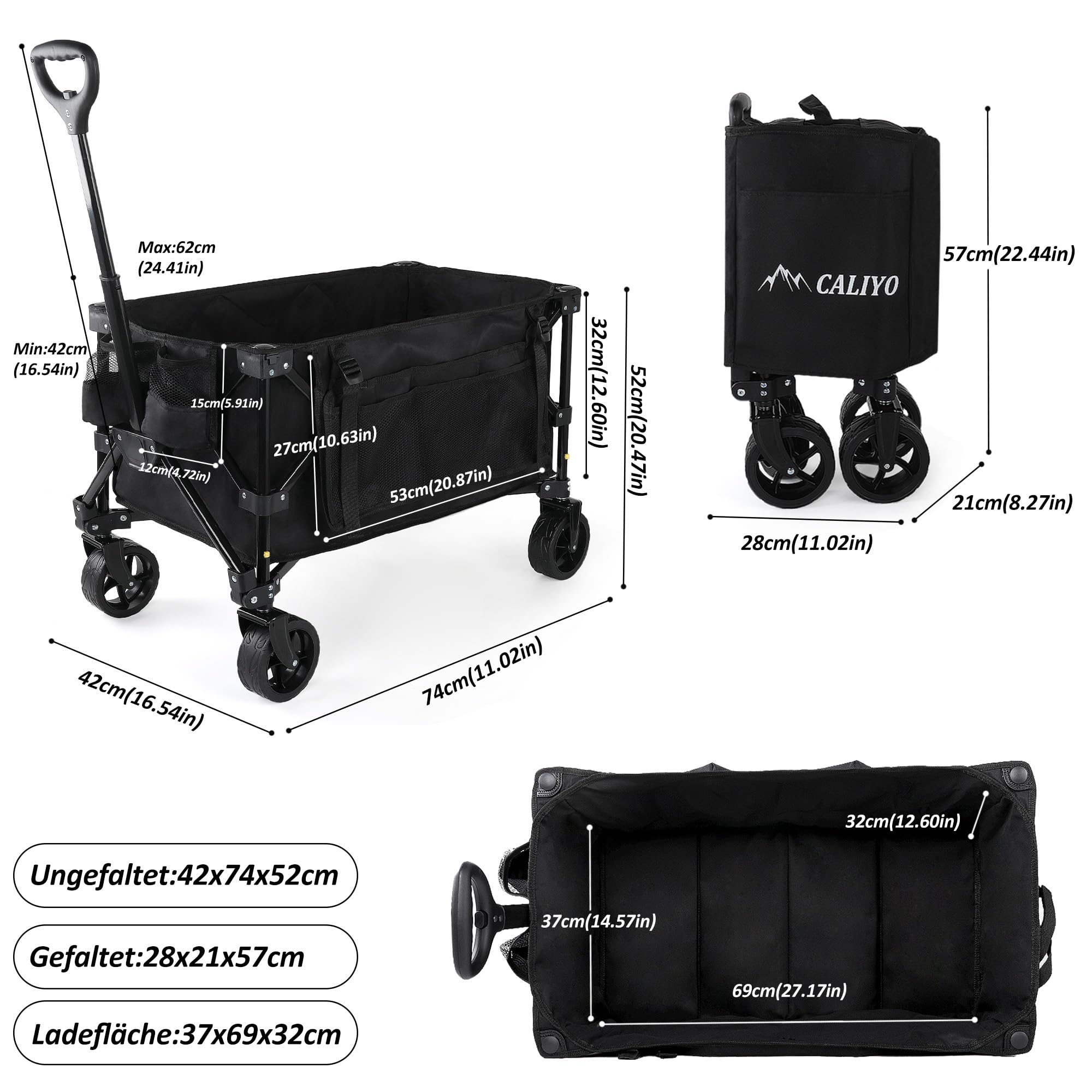 CALIYO Bollerwagen Faltbar 100L 100KG belastbar, Faltbarer Bollerwagen mit verstellbarem Griff, Handwagen Luftreifen für alle Gelände Camping Einkaufen Faltbollerwagen Schwarz