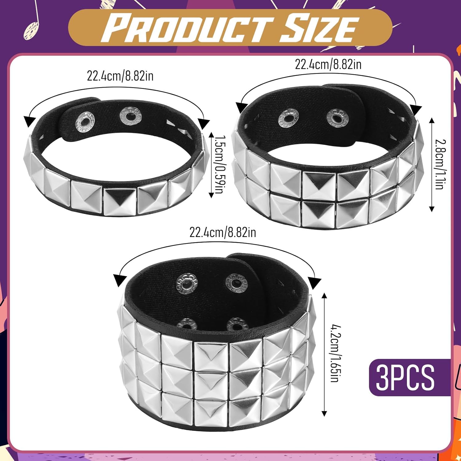 3 Pcs Punk Rock Studded Bracelet, PU Leather Goth Cuff Bracelet 80s Emo Spiked Jewelry Costumes Accessories for Women Men Halloween Party - Image 2
