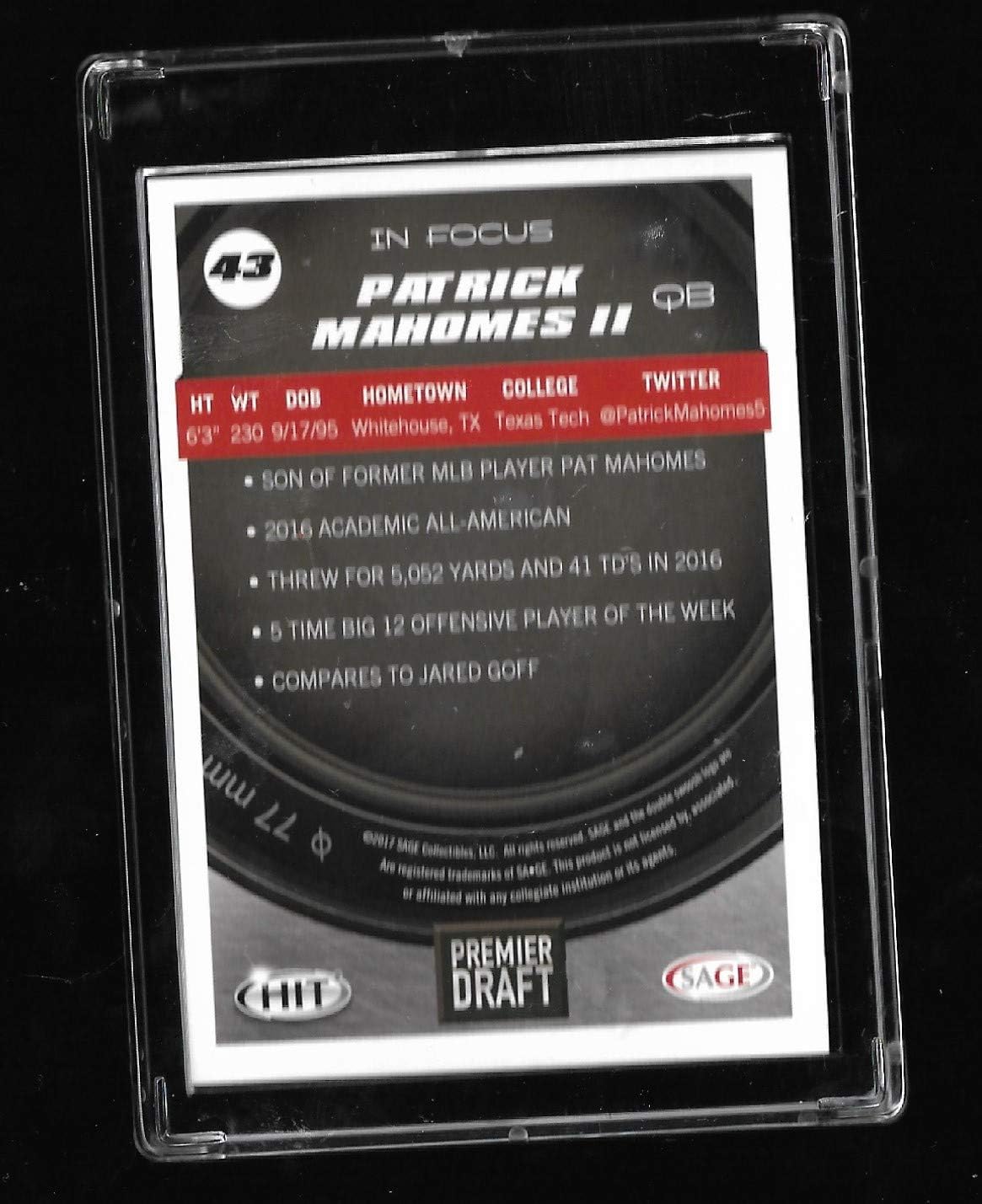 2017 Sage Hit Premier Draft #43 Patrick Mahomes II QB Football Card