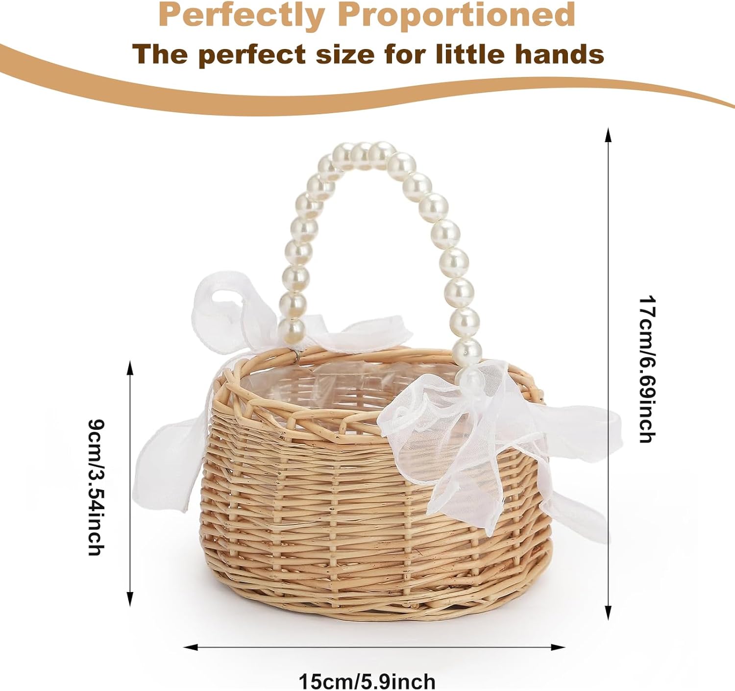2 Pcs Flower Wicker Flower Girl Basket with Removable Pearl Handle & 100pcs Petals, Handwoven Rattan Wedding Basket with Lobster Clasp & Satin Bows, Rustic Boho Small Woven Basket for Ceremony