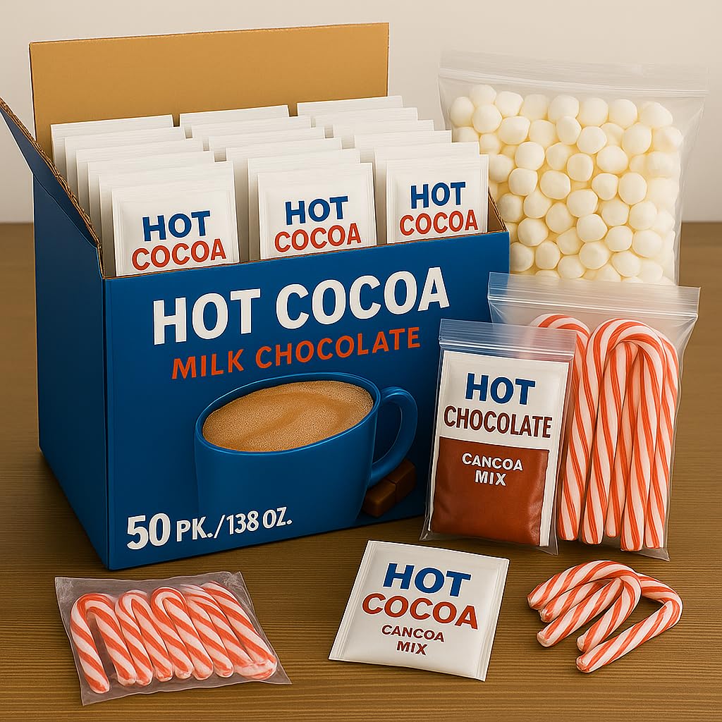 Holiday Hot Cocoa Gift Box – Milk Chocolate Hot Cocoa Mix with Mini Marshmallows & Candy Canes, 50 Individual Servings, Festive Winter Drink Station or Christmas Gift Set
