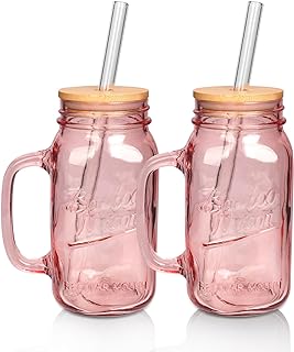 ANOITON Tumbler with Handle and Straw, 24 oz Pink Mason Jars with Handle...