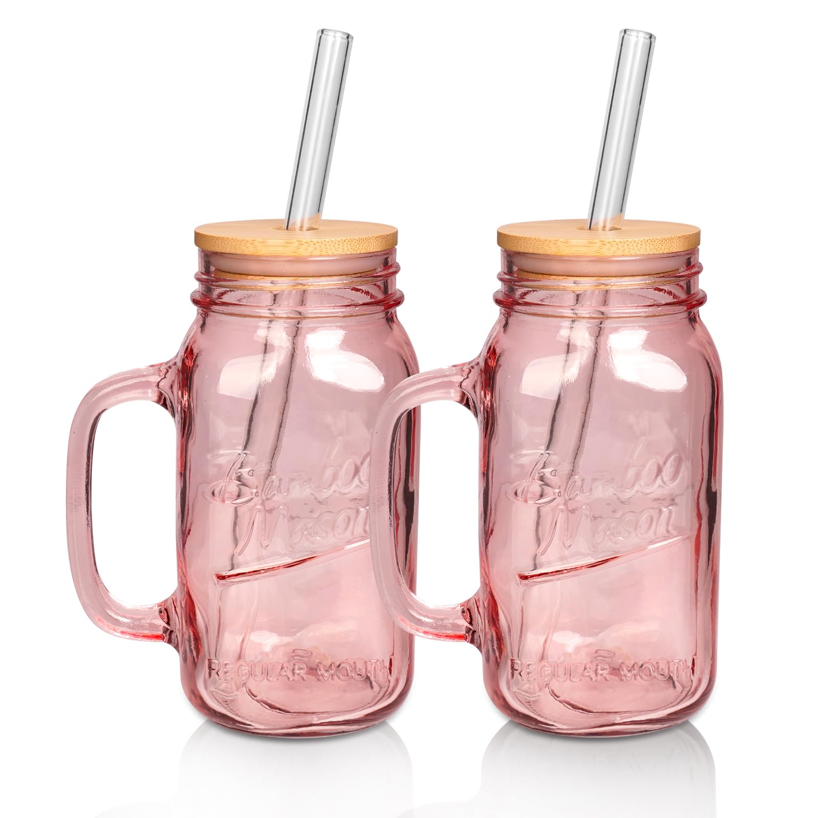 ANOITON Tumbler with Handle and Straw, 24 oz Pink Mason Jars with Handles Drinking Glasses Pink Glassware Colored Glass Cups with Lids and Straws Gifts for Women Birthday Gifts for Women