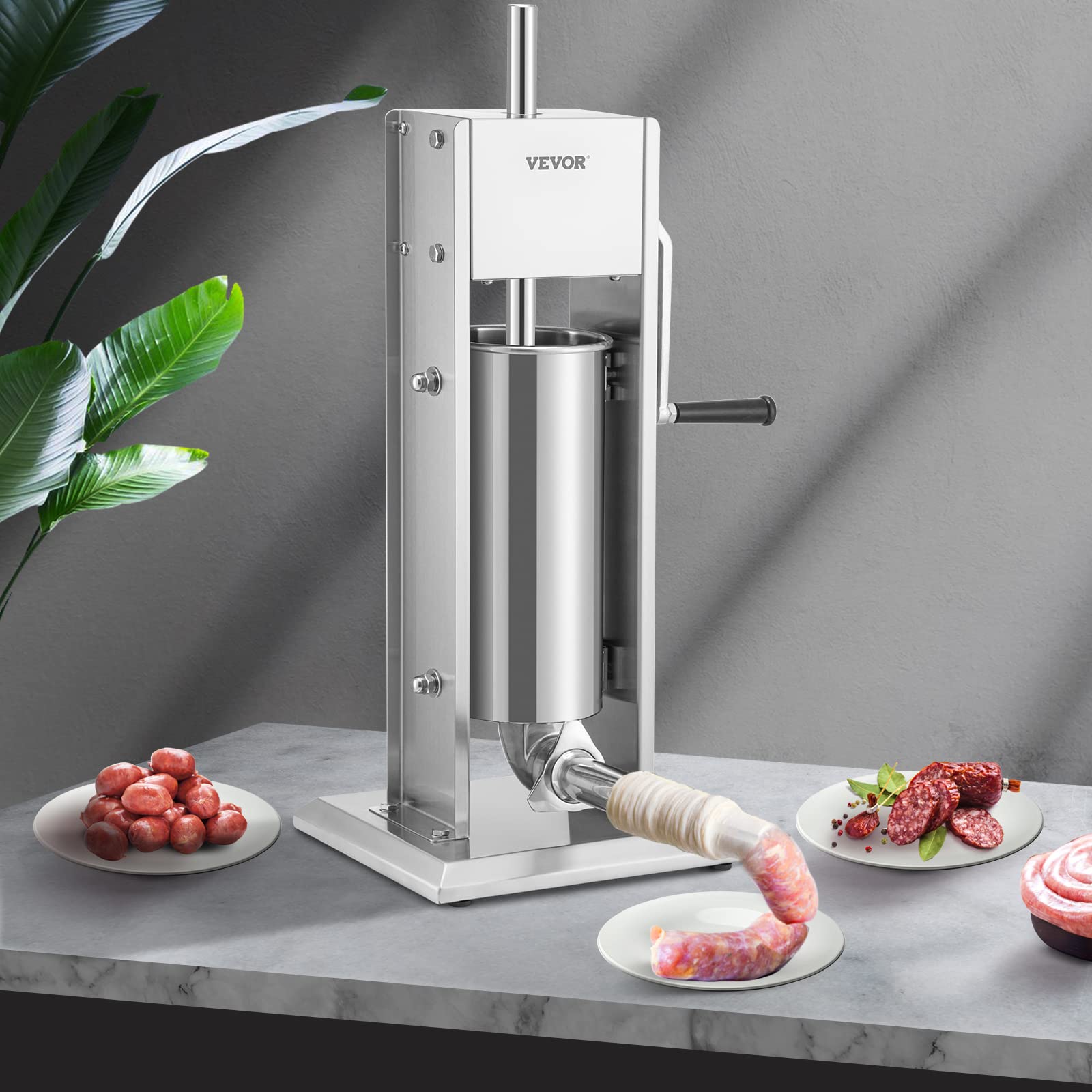 VEVOR Embutidora Manual de Salchichas Capacidad de 5L Embutidora Vertical de Mesa de Acero Inoxidable con 4 Tubos de Relleno para Churros Salchicha de 15mm/21mm/30mm/37mm para Restaurante Supermercado