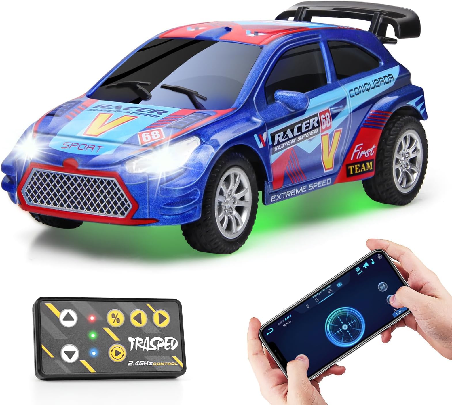 Mini Rc Car, 1/64 Scale Remote Control Car with LED Lights, 2.4Ghz Alloy Remote Control Racing, Speed/Steering Adjustable (Navy Blue)