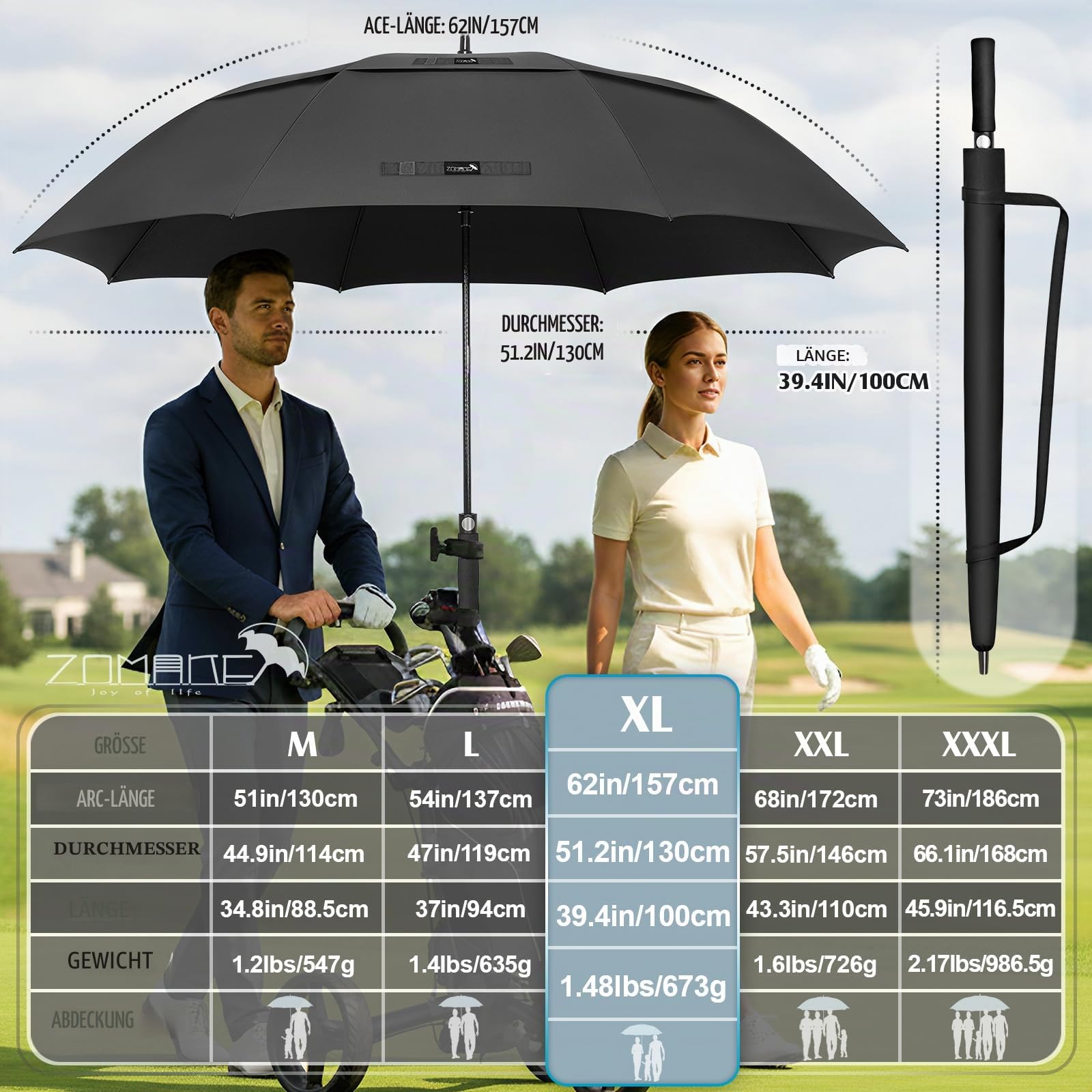 ZOMAKE Regenschirm Groß Sturmfest XL/XXL - Großer Golf-Regenschirm, Windsicher & Stabil, Automatik Großer Schirm, Herren & Damen, 2 Personen, Outdoor & Reise