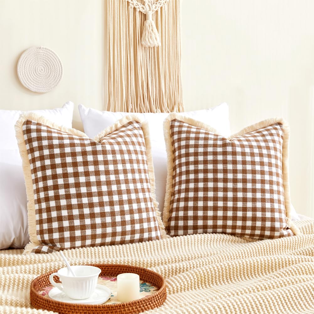 CARRIE HOME Outdoor Brown Gingham Plaid Pillow Covers 18x18 Set of 2, Brown and White Checkered Throw Pillow Covers 18 x 18 with Tassels Trim, Khaki