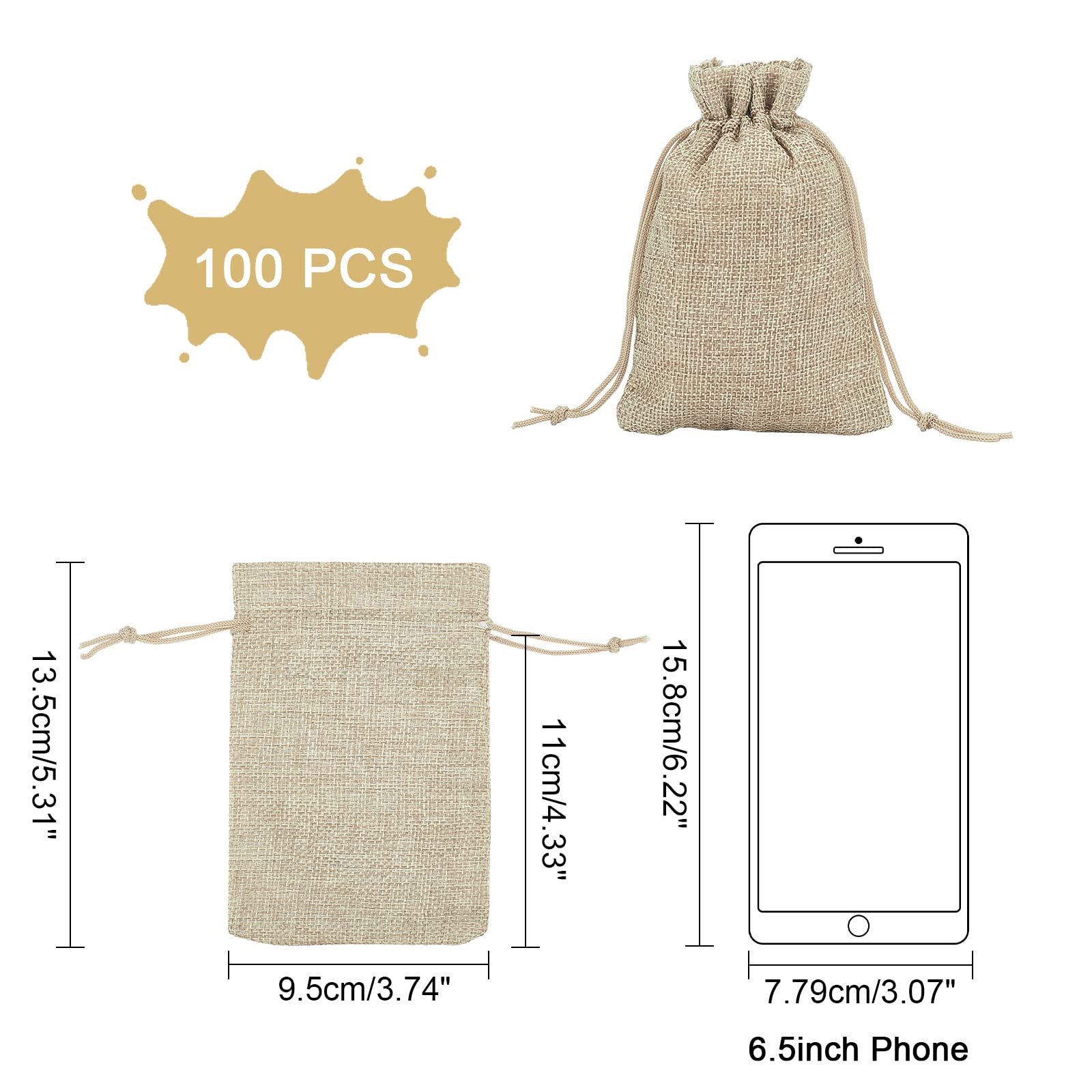 PandaHall 100 Pcs Bolsas de Lino y Cáñamo con Cordón Bolsas de Regalo para joyas Abalorios bolsa de lino para fiesta matrimonio boda decoracion Amarillo Claro 13,5 x 9.5cm