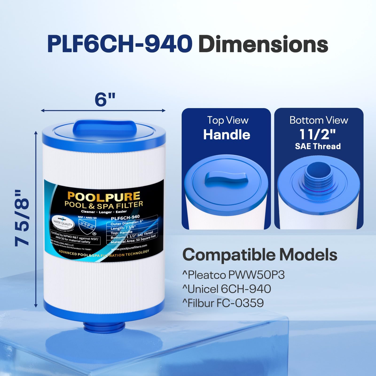 POOLPURE Filtro Spa 6CH-940 sostituisce PWW50P3 (Filettatura Grossa 1 1/2"), 817-0050, Filbur FC-0359, 25252, 03FIL1400, Skimmer ad Accesso Frontale per Vie d'Acqua, Filtro filettato SAE a Vite