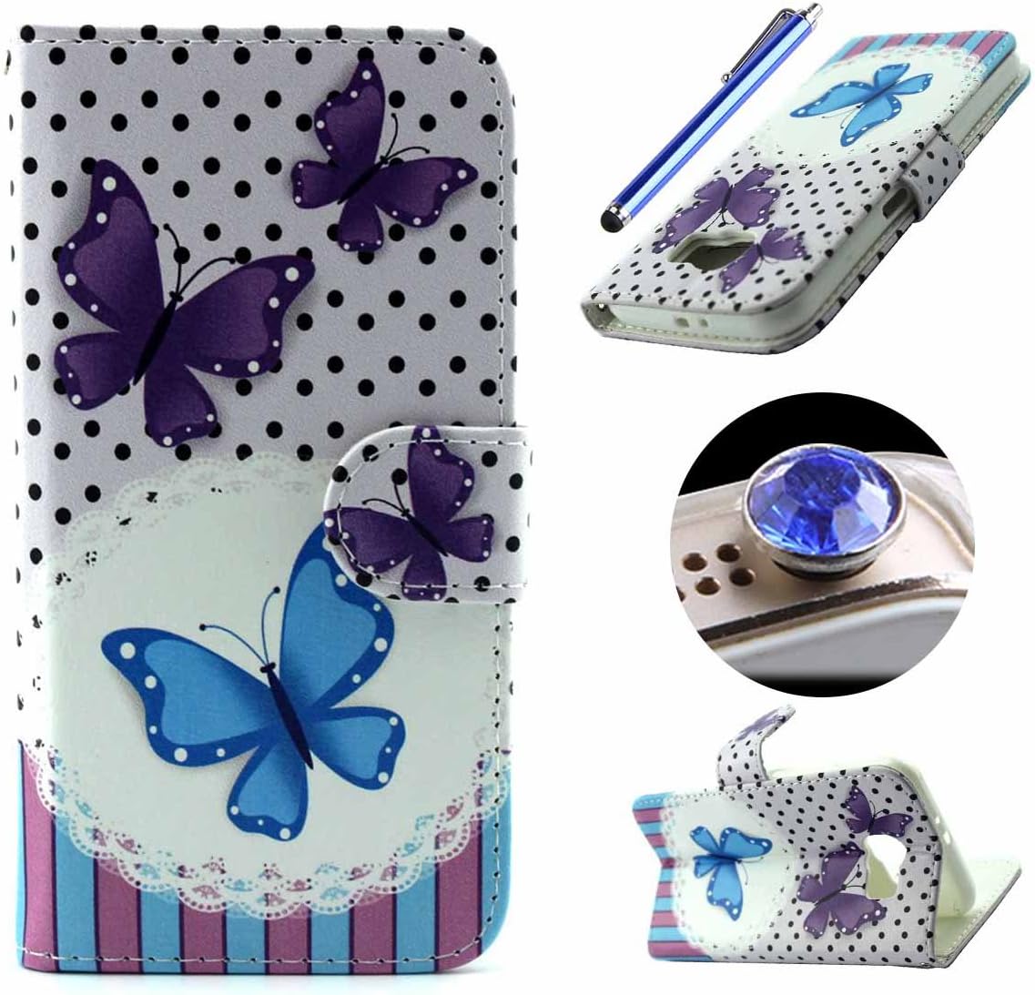 Etche Stand Flip Case for Samsung Galaxy S6 Edge,Leather Wallet Case for Samsung Galaxy S6 Edge,Pretty Butterfly Premium Pu Leather Magnetic Wallet Case with Card Holder for Samsung Galaxy S6 Edge with Blue Stylus Pen and Bling Glitter Diamond Dust Plug Colors Random-Butterfly