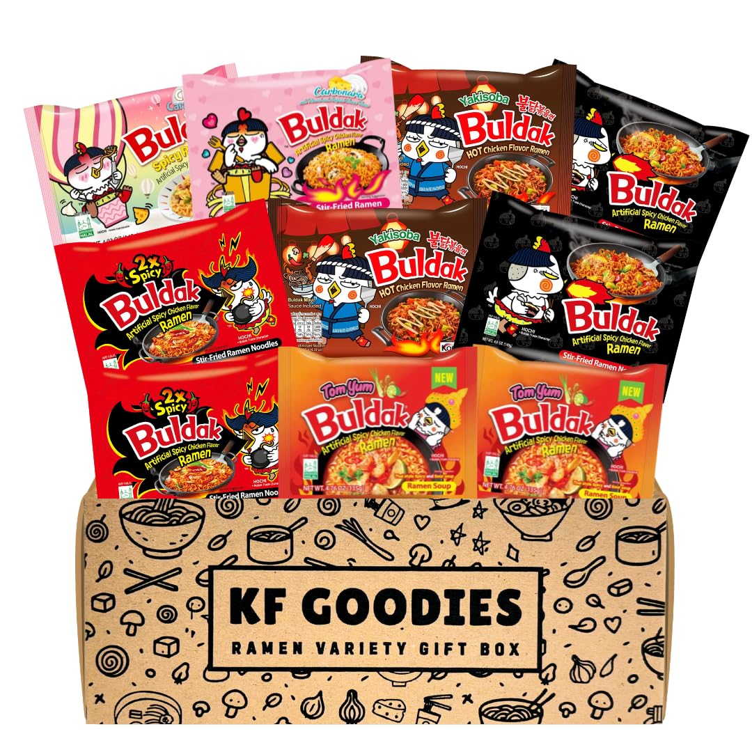 Korean Ramen Variety Pack Gift Box (10 Count) – Spicy Buldak Noodle Assortment for Birthdays, College Care Packages, Office Snacks, and Gift Baskets