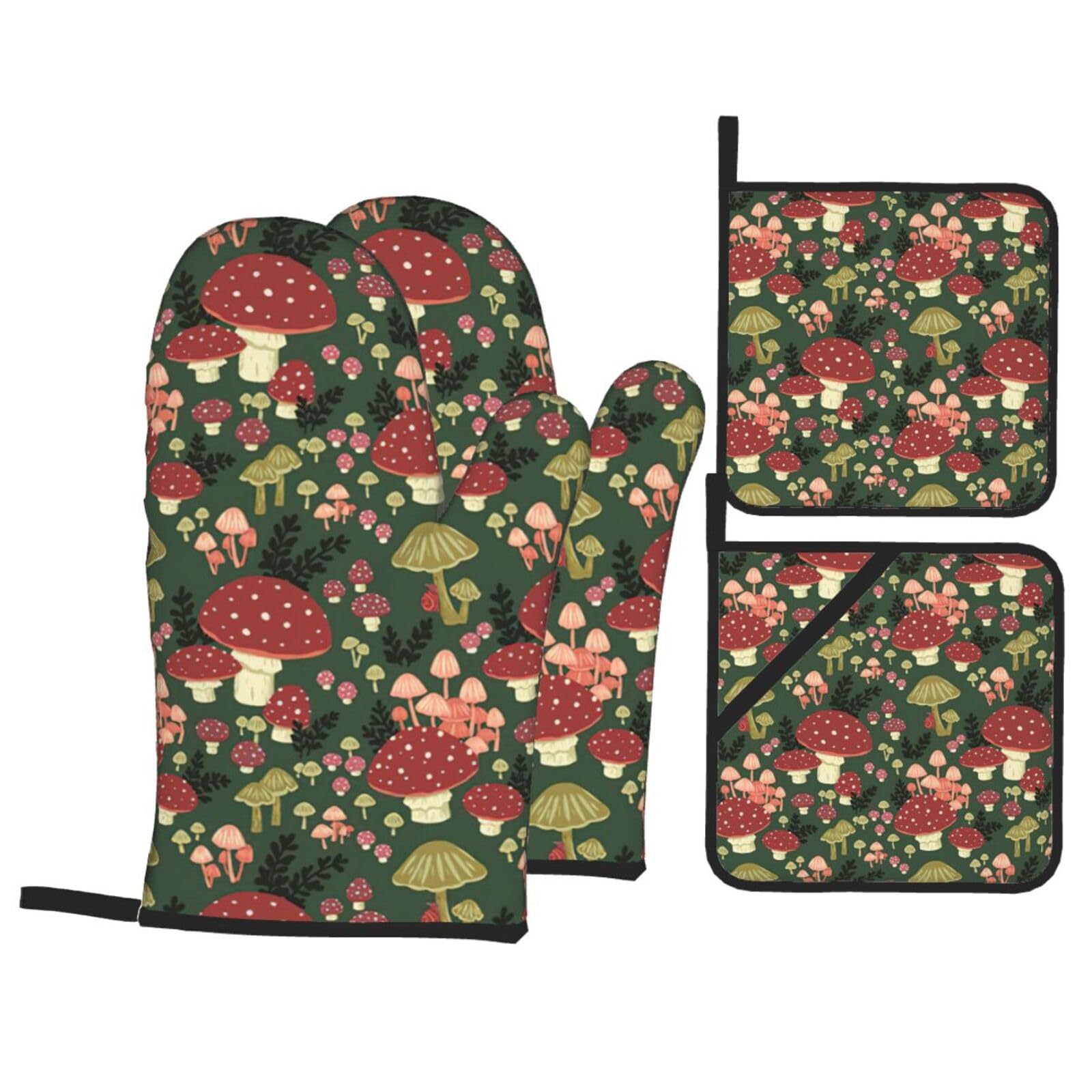 Bright Mushrooms Art Print Kitchen Oven Mitts And Pot Holders Set,Hanging Loop Design For Cooking Baking Bbq