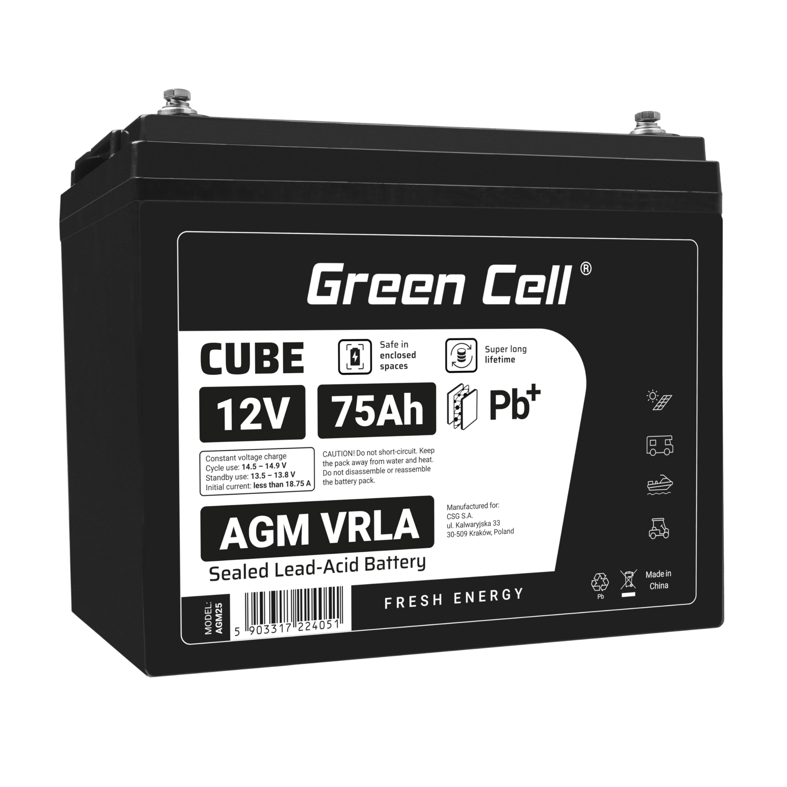 Green Cell Recambio de Batería Gel AGM 12V 75Ah Rechargeable Pila Sellada de Plomo ácido batería sin Mantenimiento Batería de Reemplazo para Autocaravanas Barcos Camper Fotovoltaica