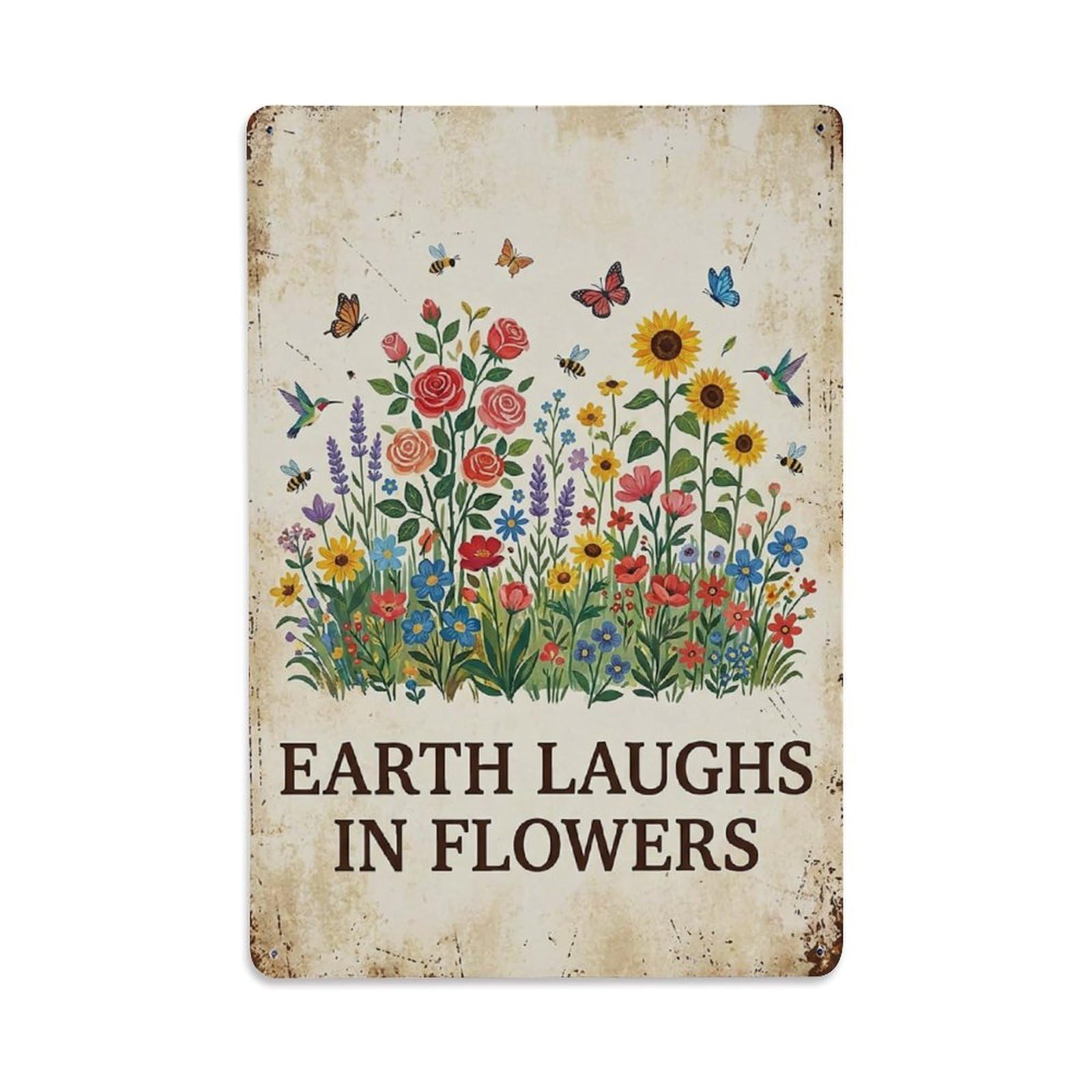 Okngb Style Whimsical Botanical Nature Quote Laughs Flowers Garden Metal Tin Sign Plaque Wall Decor For Cafe, Man Cave, Club Bar, Office, Home Garden Round Metal Poster 8X12inch
